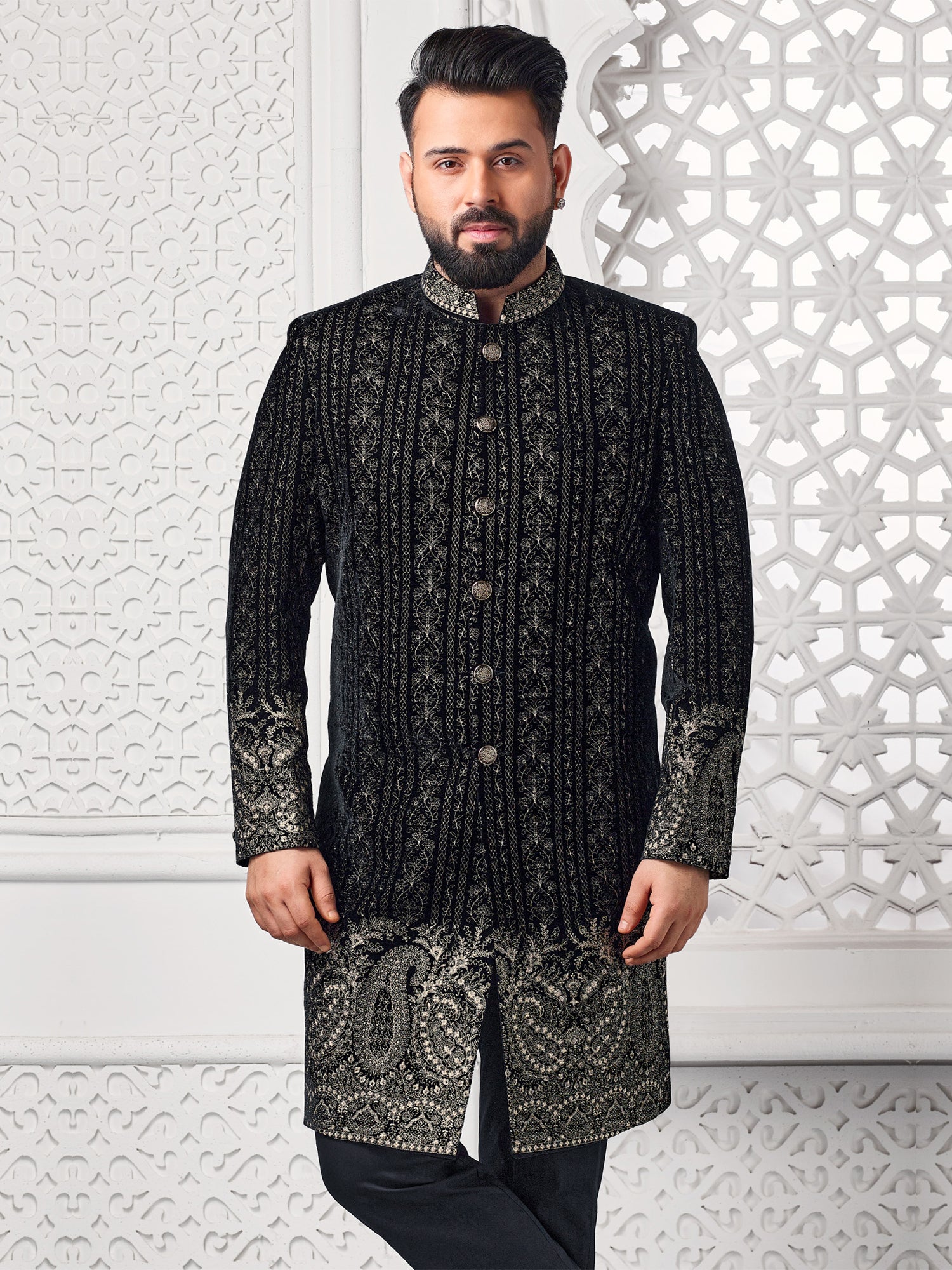 Black Wedding Wear Zari Embroidered Mens Indowestern Set