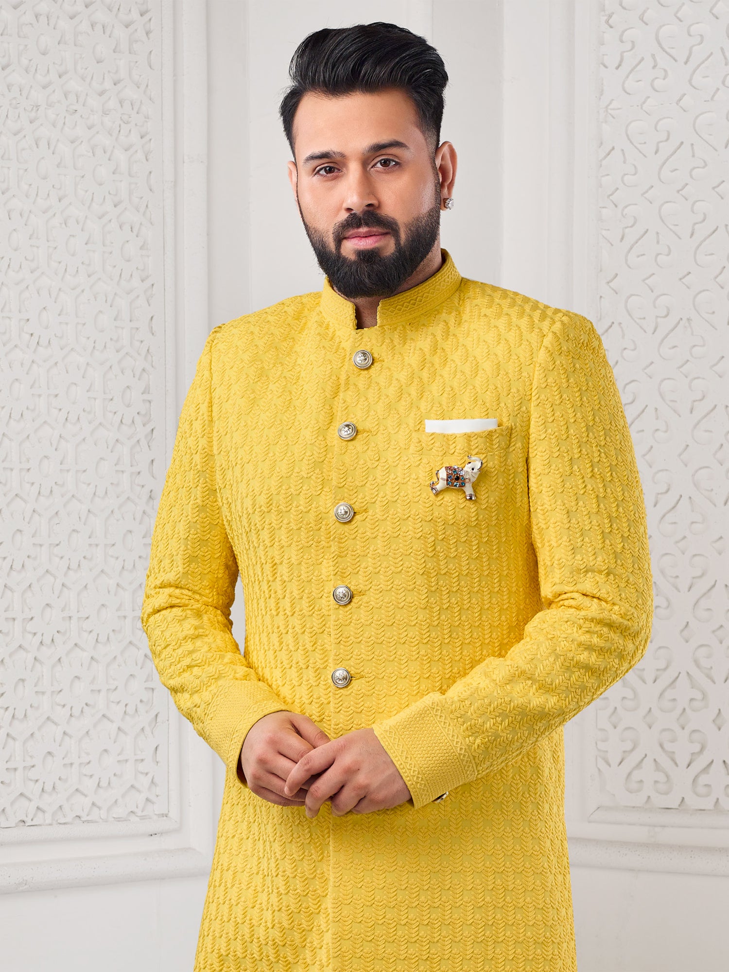 Yellow Festive Wear Self Embroidered Indowestern Set