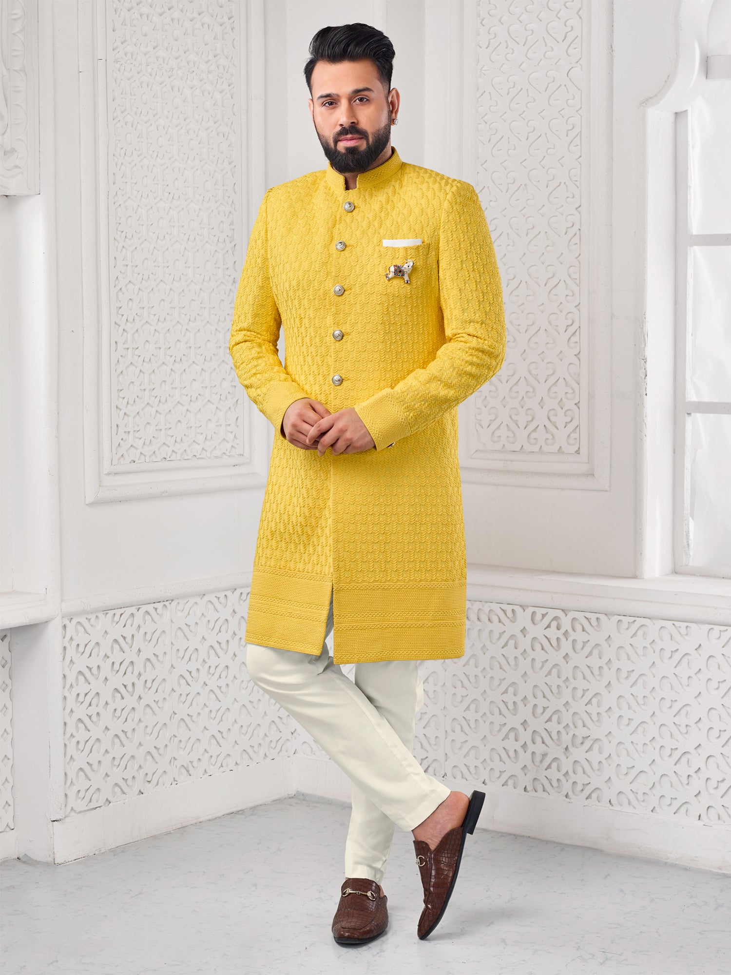 Yellow Festive Wear Self Embroidered Indowestern Set