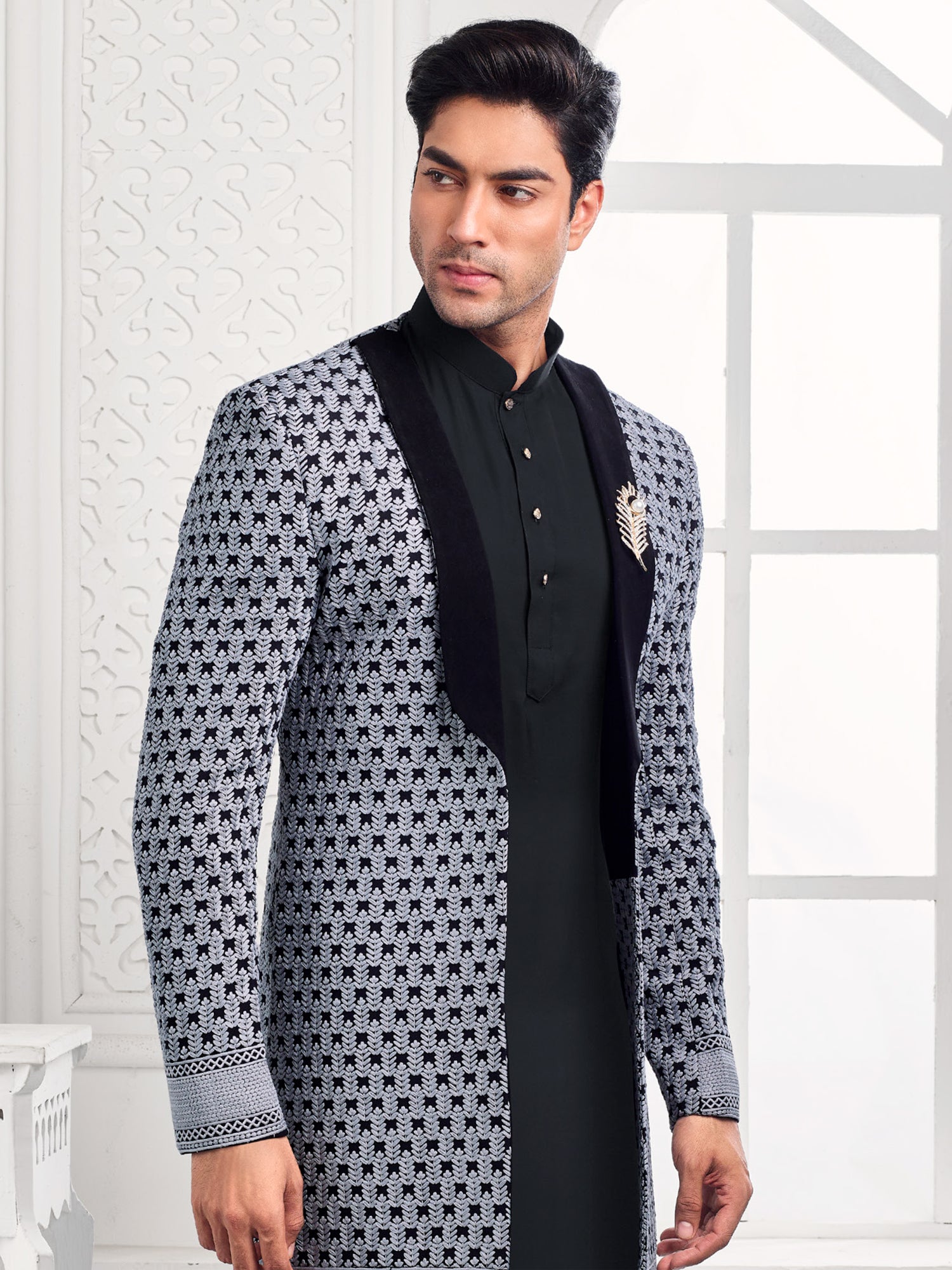 Black Thread Embroidered Indowestern With Front Open Jacket