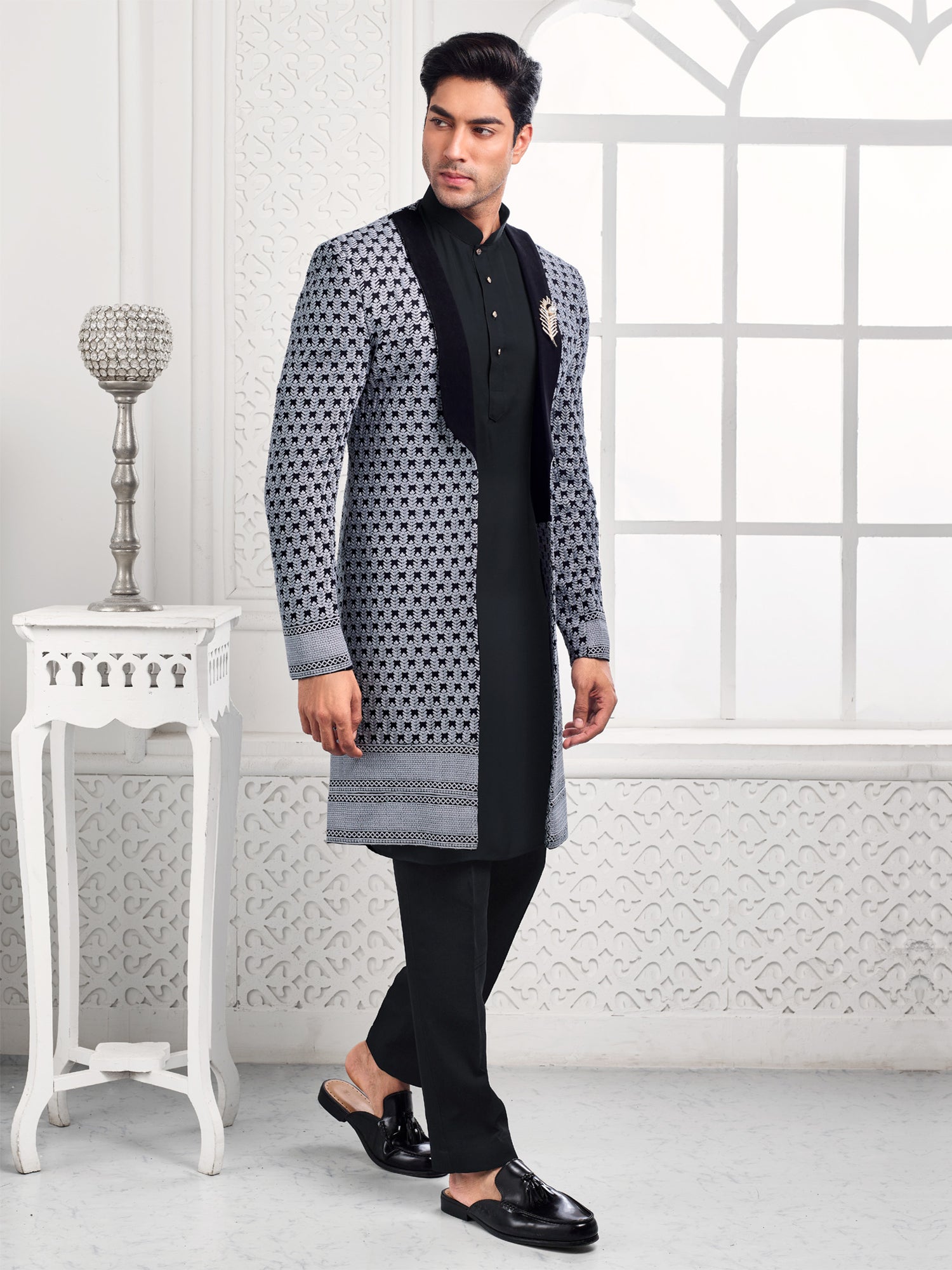 Black Thread Embroidered Indowestern With Front Open Jacket