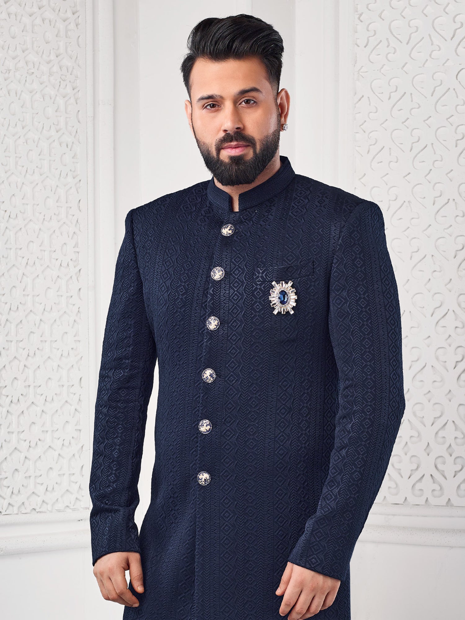Navy Blue Bandhgala Pattern Mens Indowestern Set
