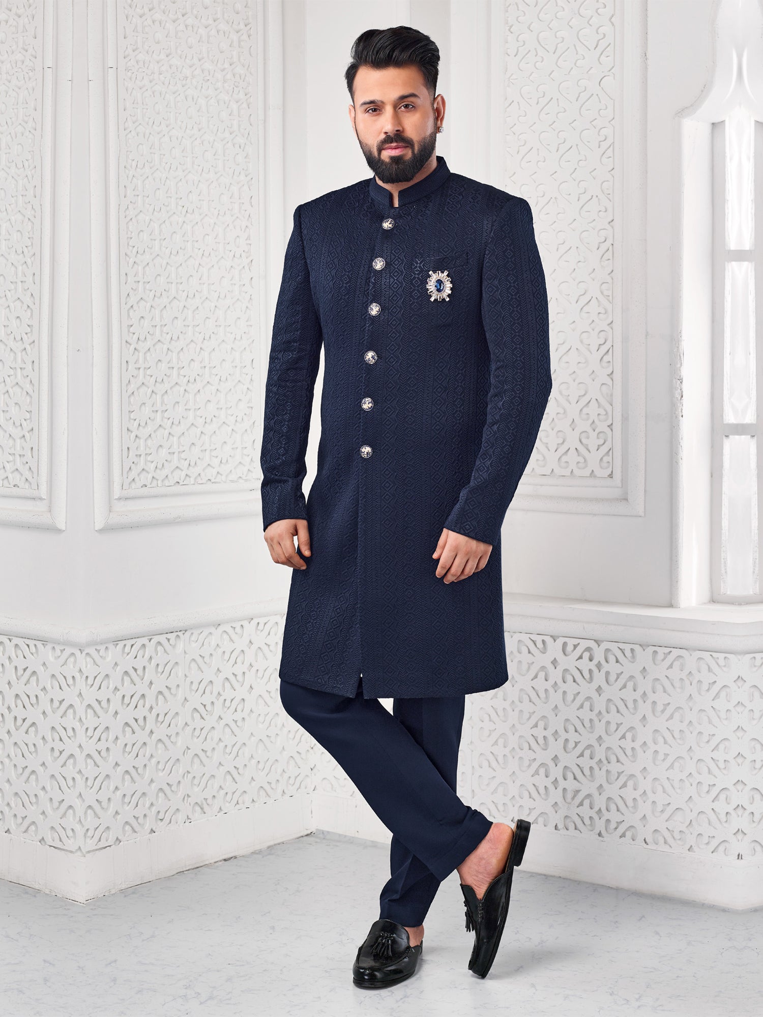 Navy Blue Bandhgala Pattern Mens Indowestern Set