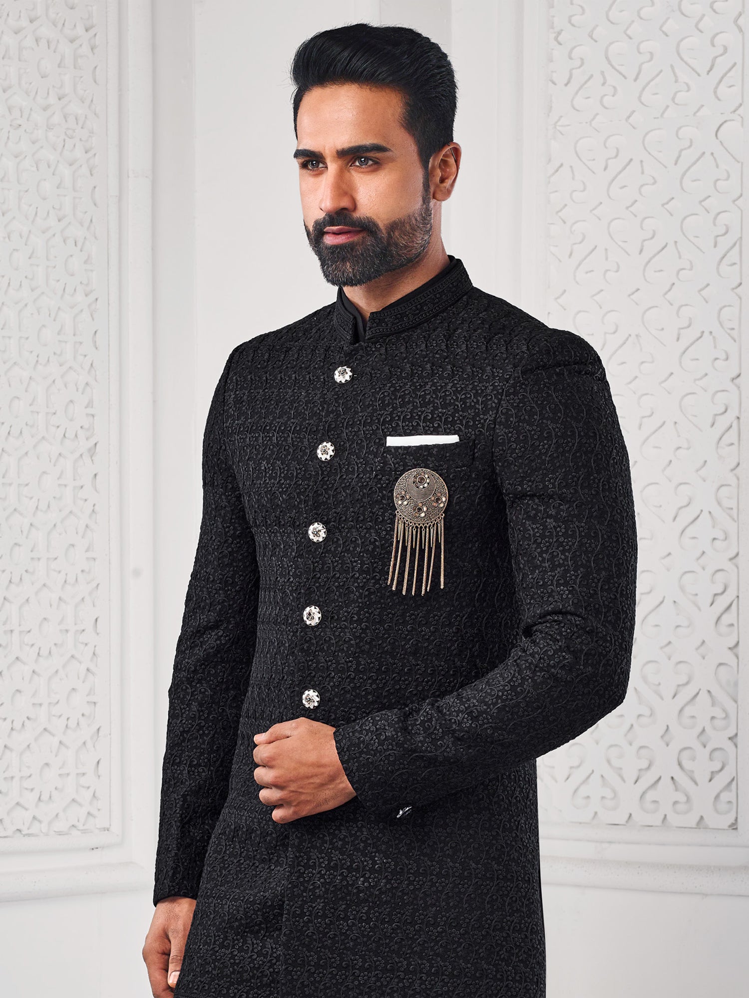 Black Wedding Wear Mens Indowestern Set In Embroidery
