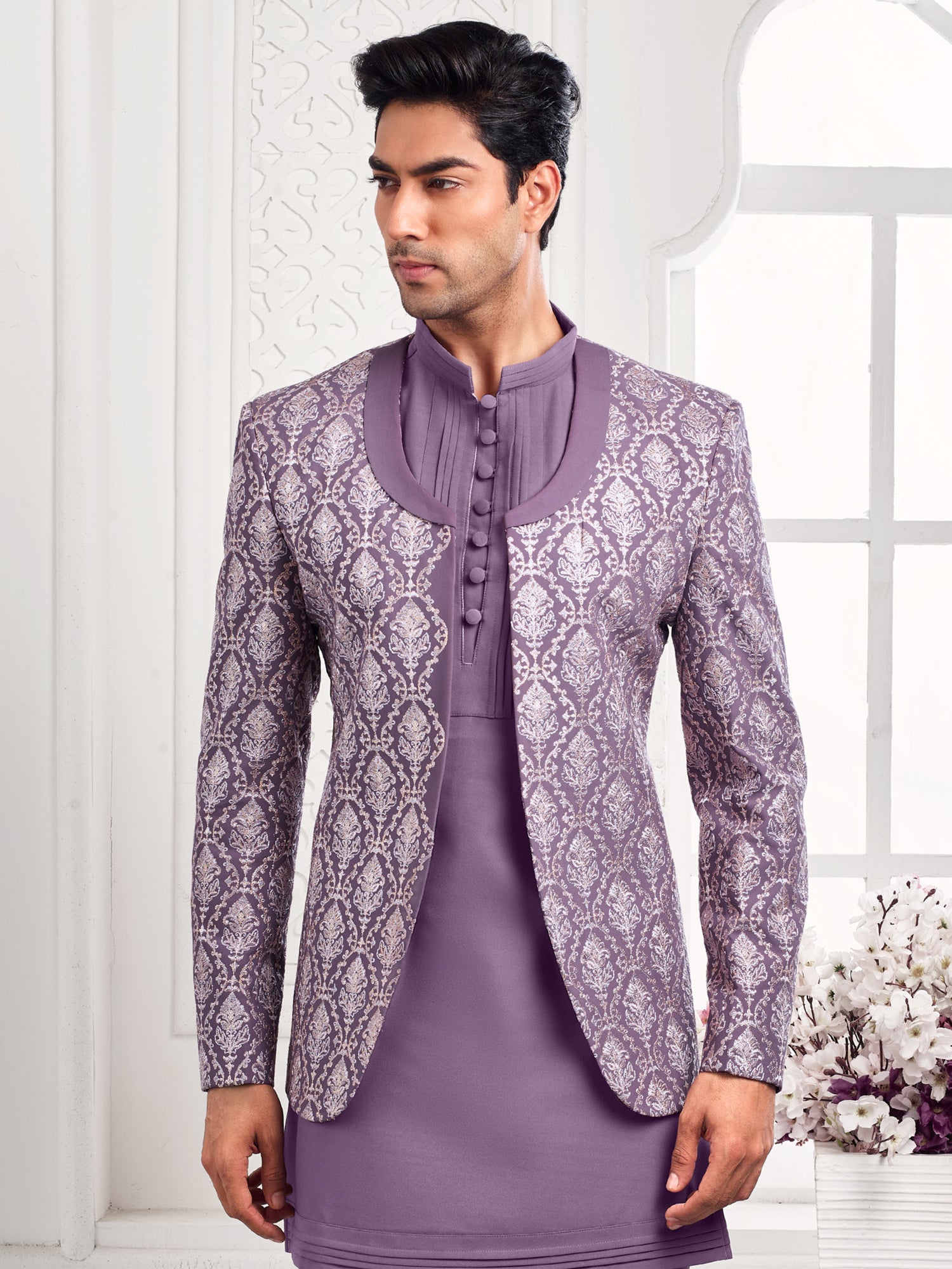 Lilac Silver Weaving Work Bandhgala Set For Mens