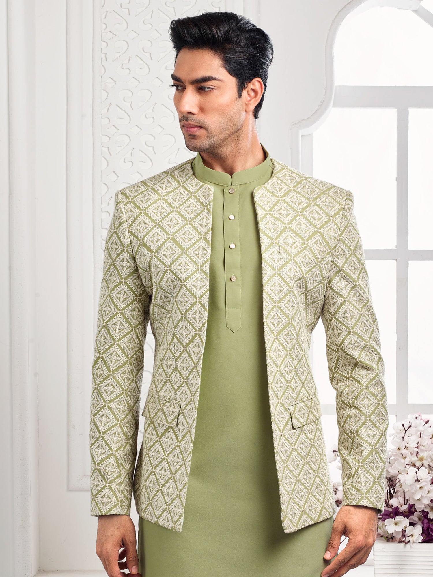 Olive Green Embroidered Kurta Pyjama With Jacket
