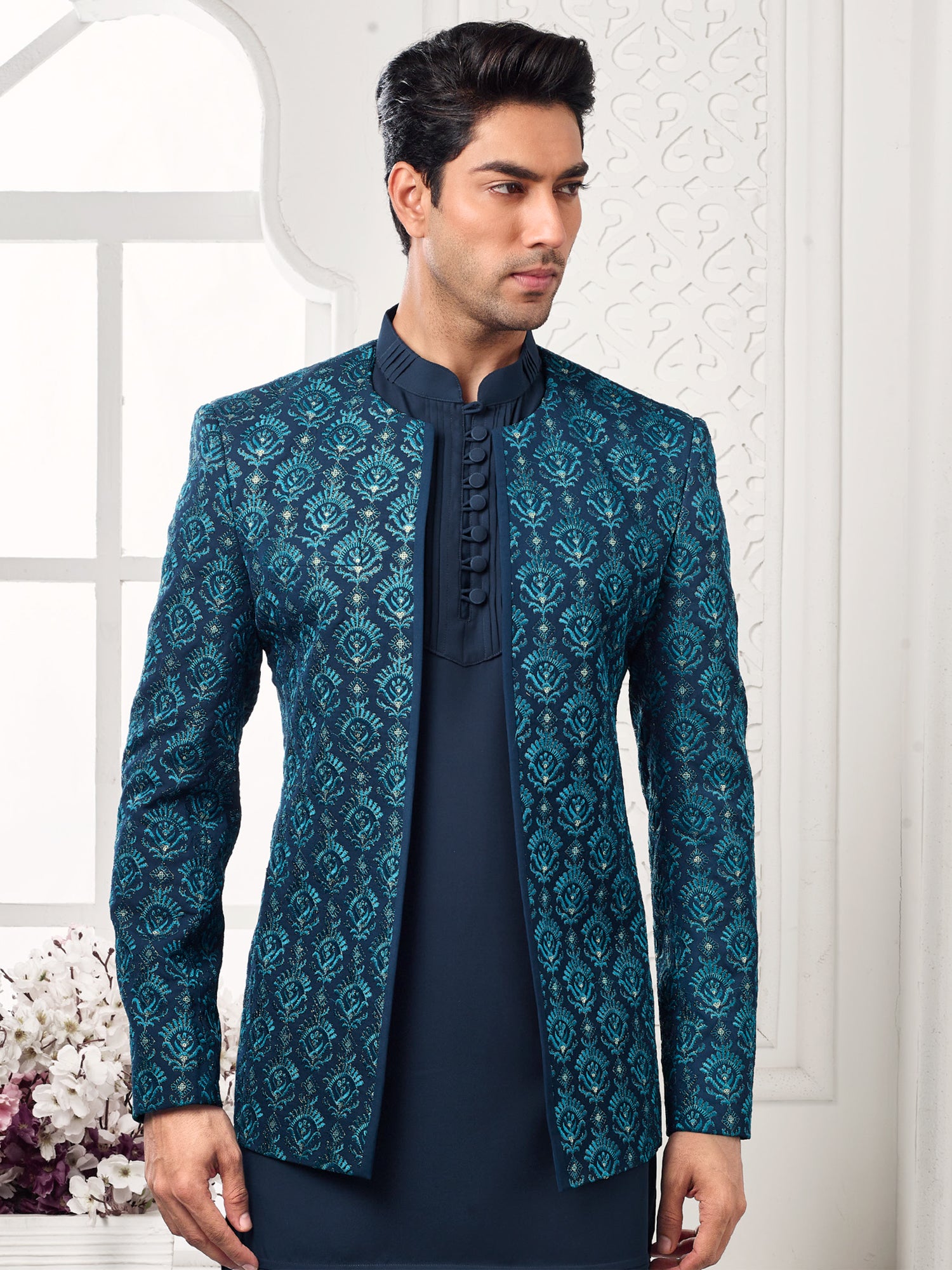 Navy Blue Kurta Pyjama With Embroidered Jacket