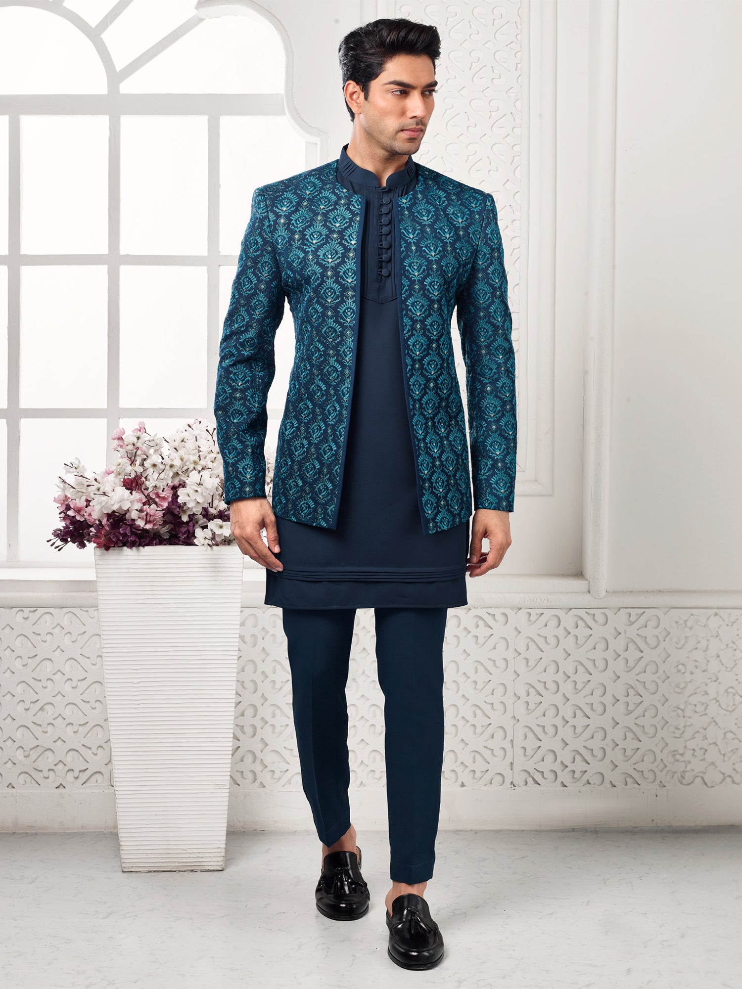 Navy Blue Kurta Pyjama With Embroidered Jacket