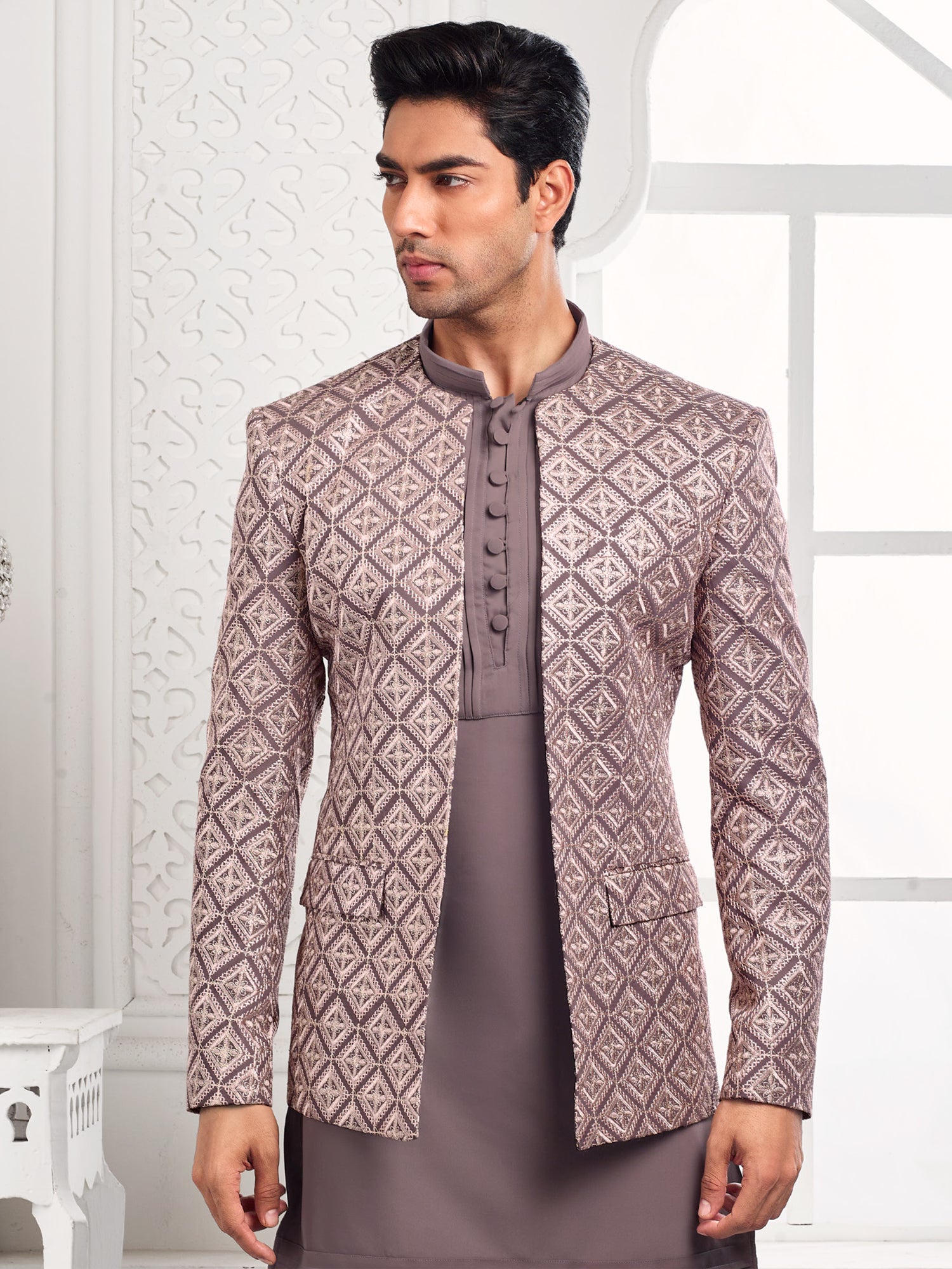 Mauve Pink Mens Kurta Pyjama With Jacket