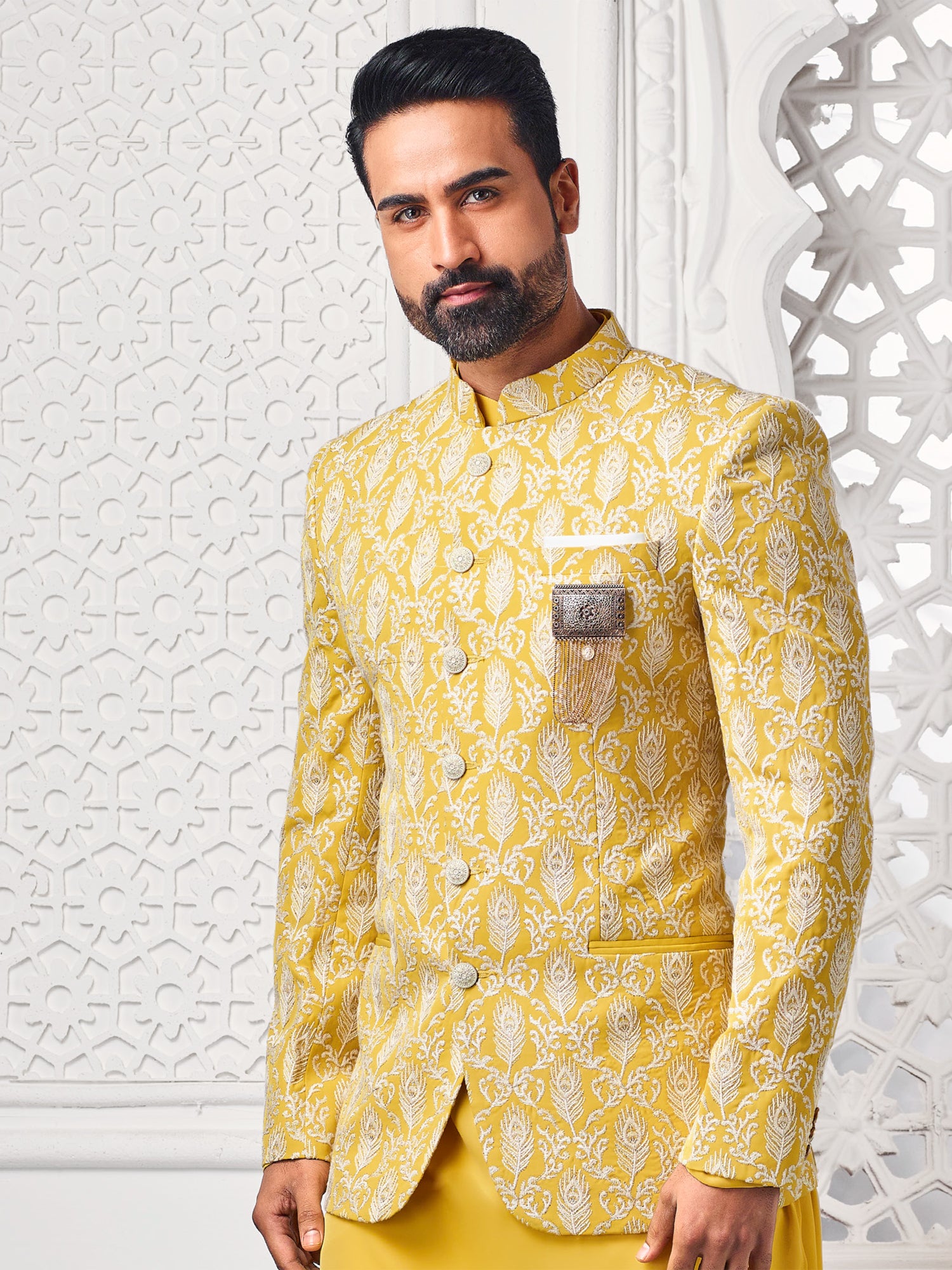 Yellow Mens Bandhgala Jacketed Kurta Pyjama
