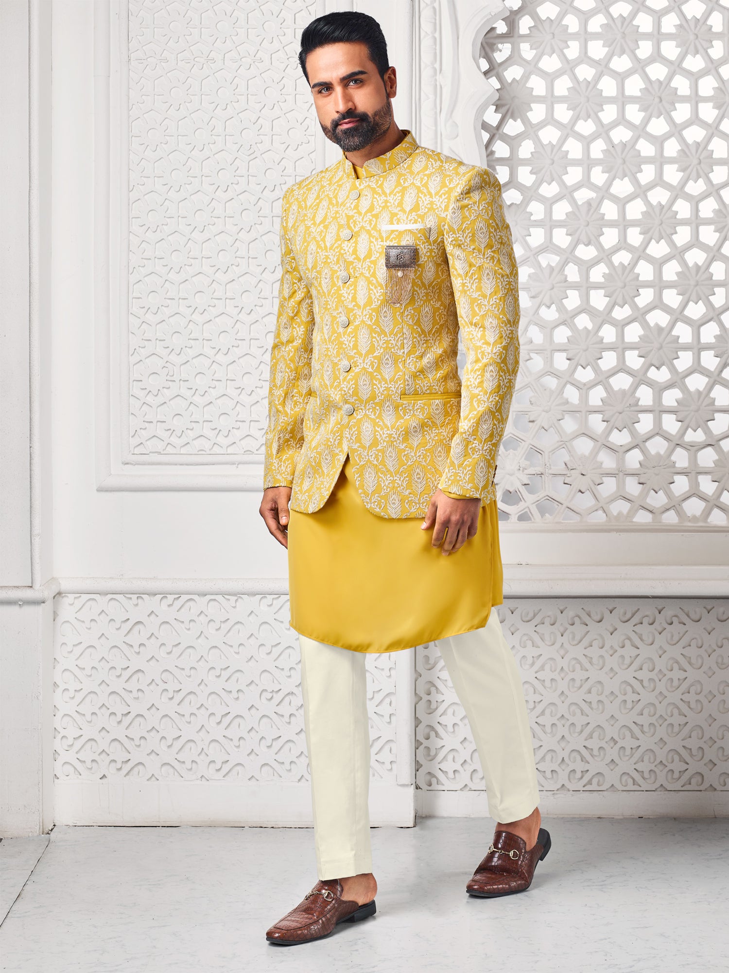 Yellow Mens Bandhgala Jacketed Kurta Pyjama