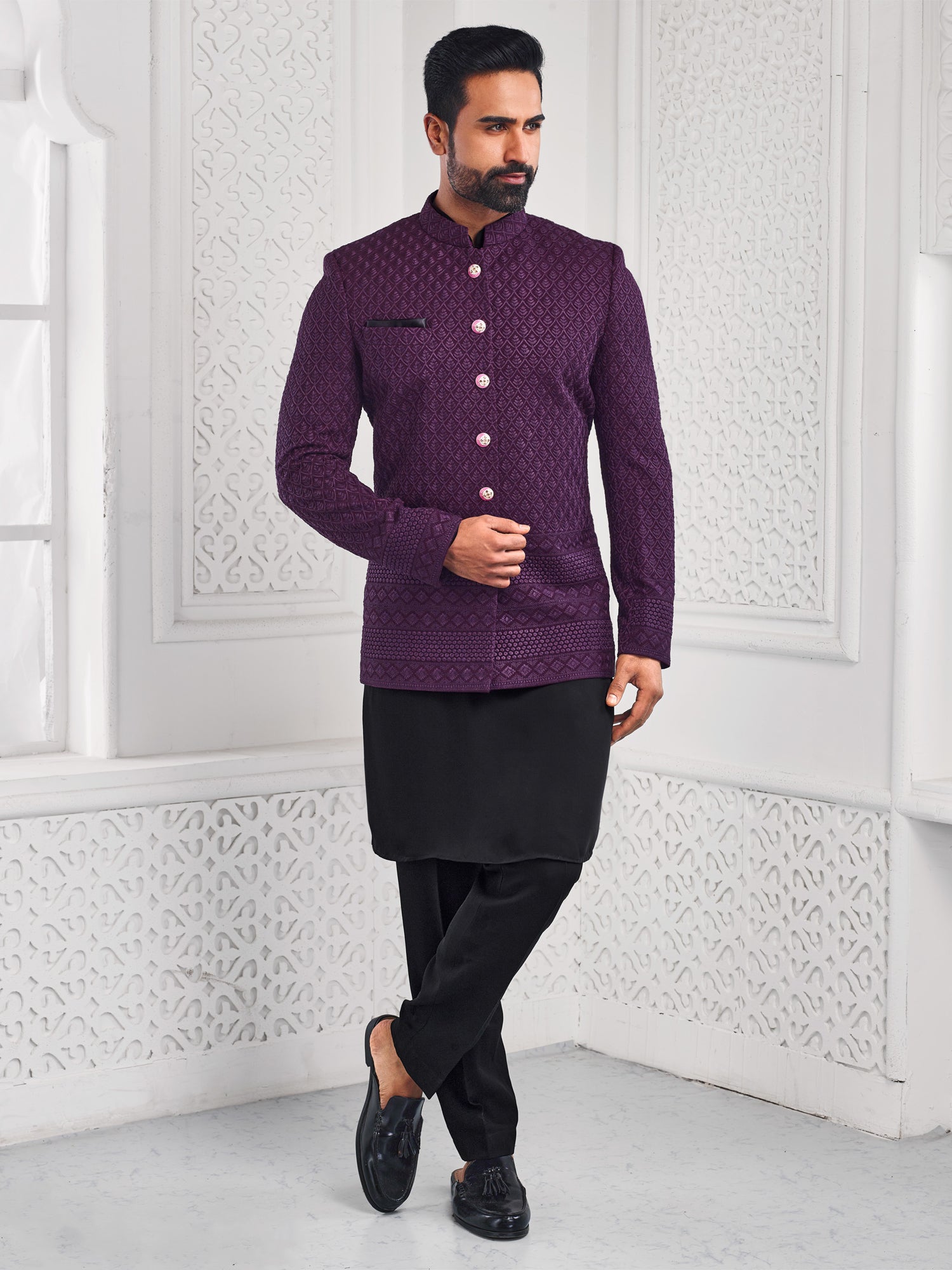 Black Kurta Pyjama With Embroidered Jacket
