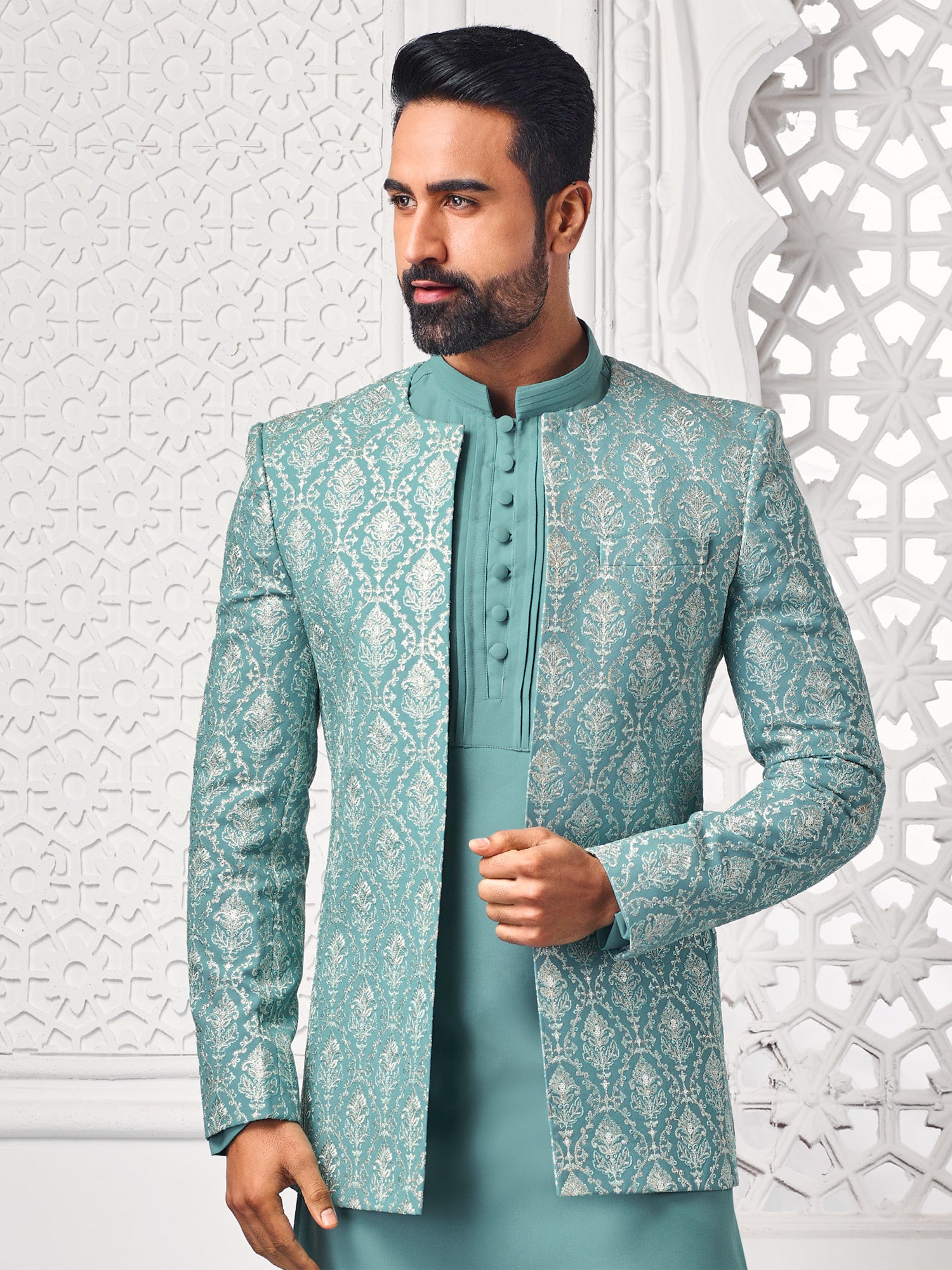 Turquoise Silver Weaving Mens Jacketed Indowestern