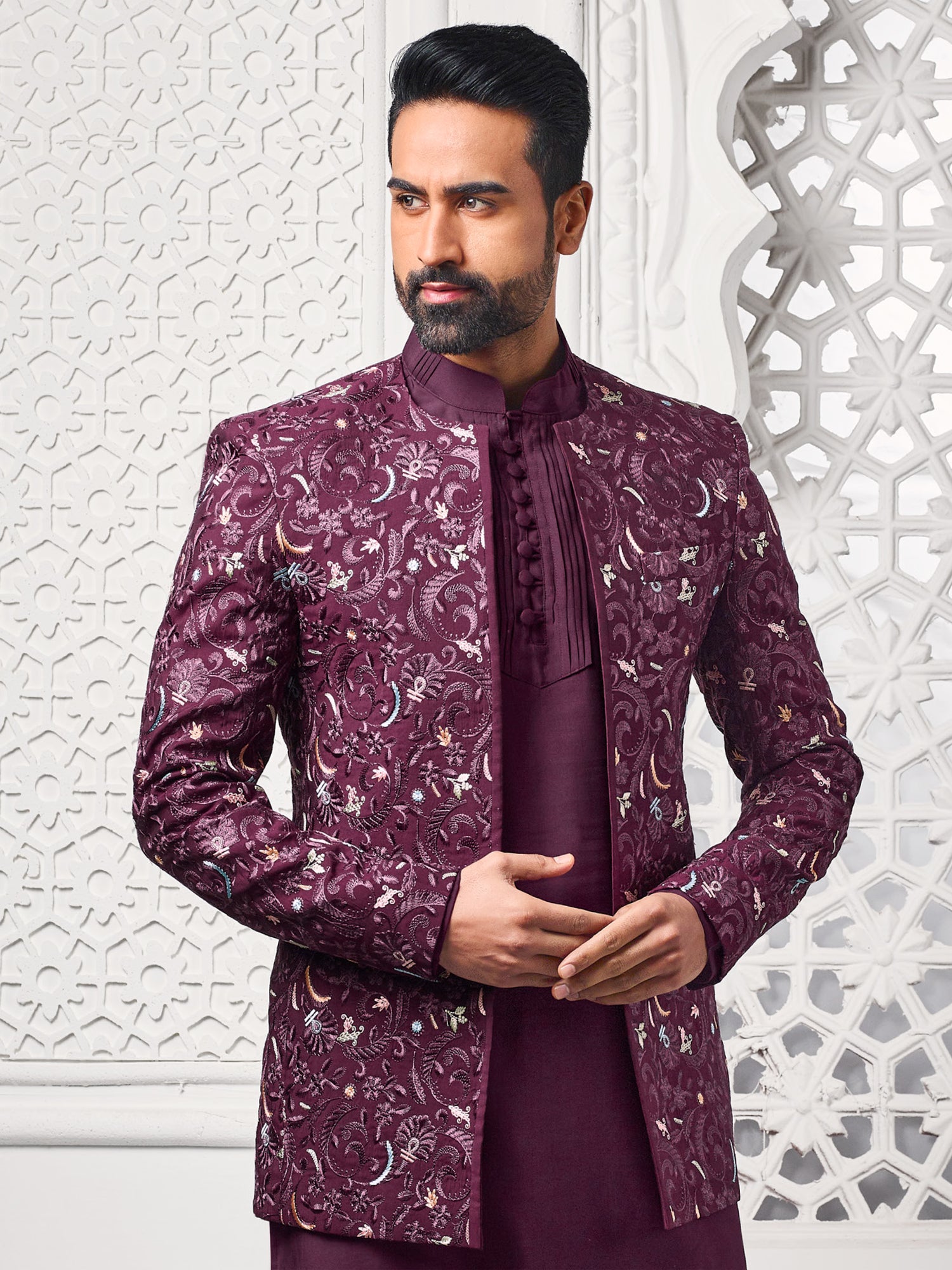 Wine Floral Thread Enhanced Mens Indowestern Set