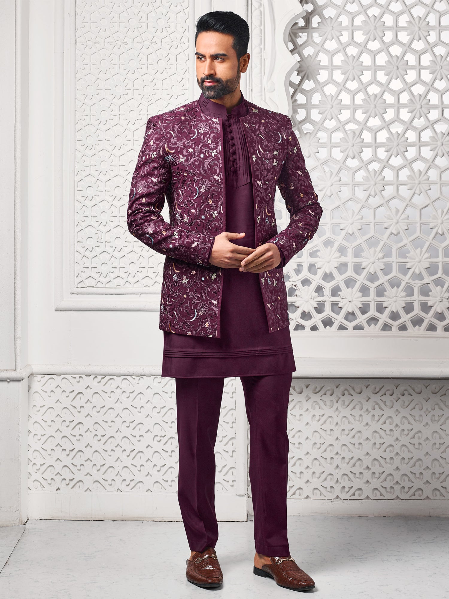 Wine Floral Thread Enhanced Mens Indowestern Set