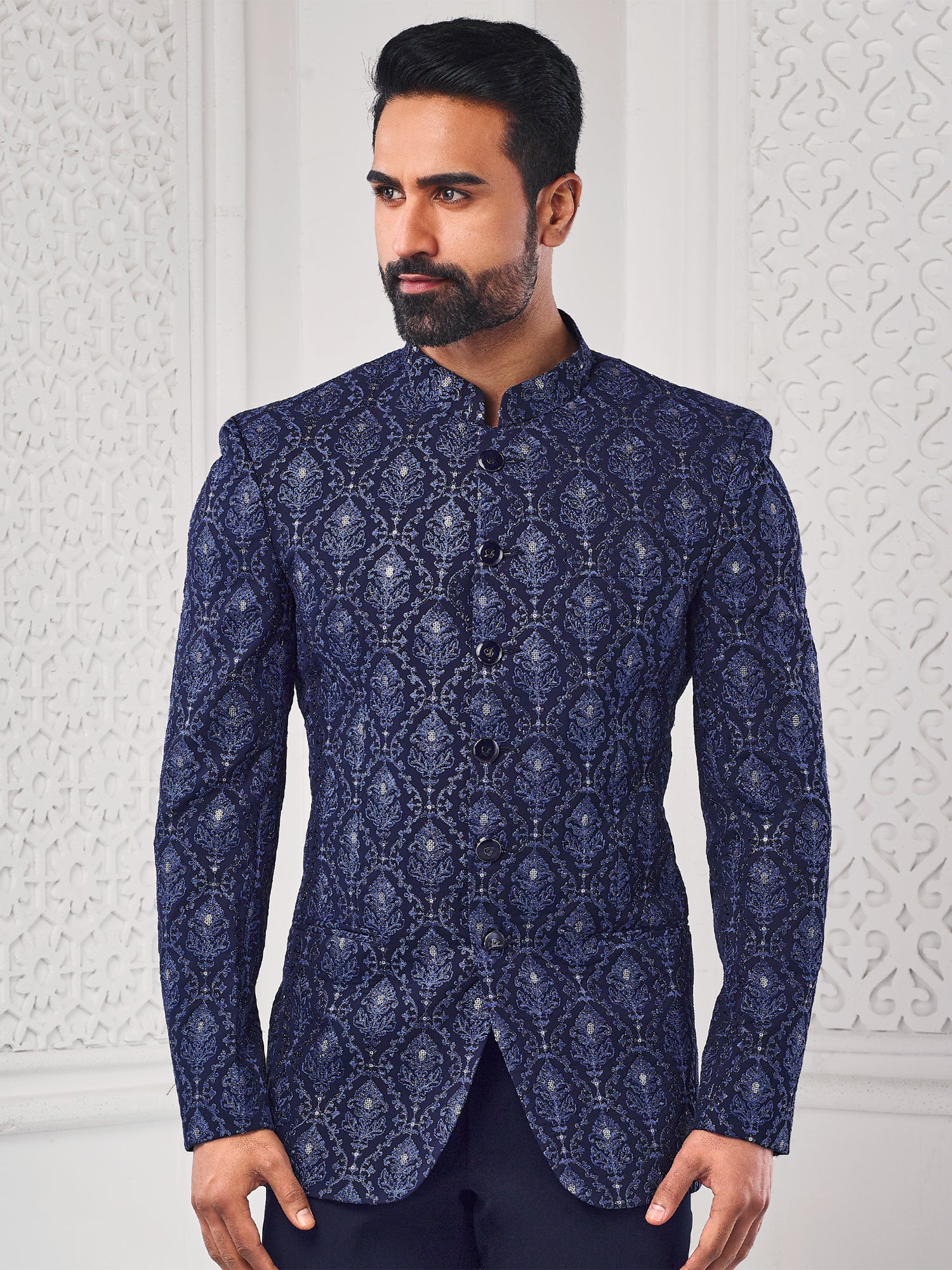 Navy Blue Heavy Embroidered Mens Bandhgala Suit