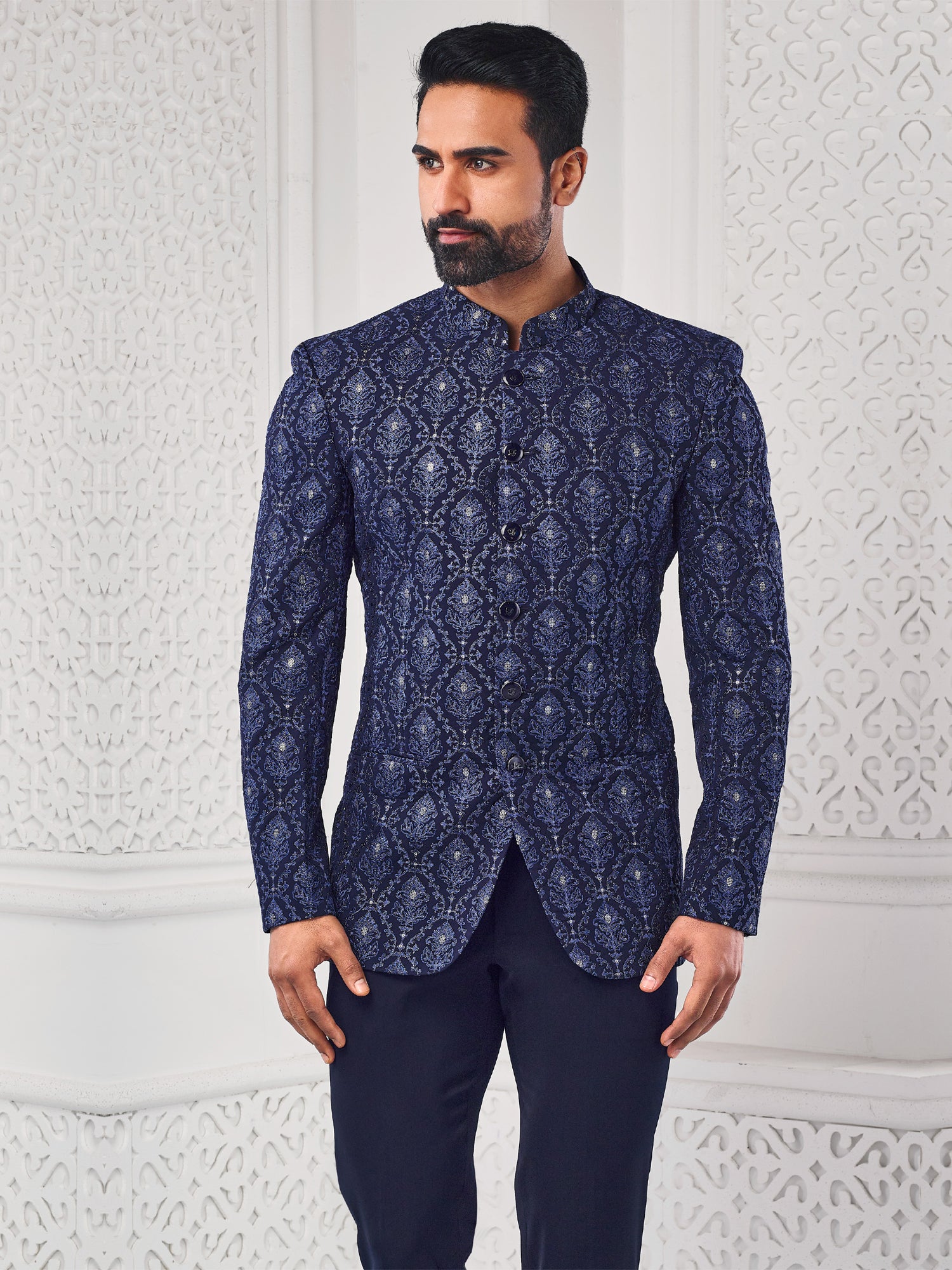 Navy Blue Heavy Embroidered Mens Bandhgala Suit