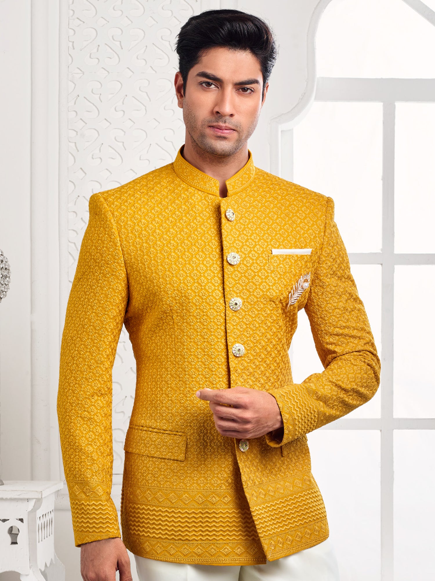 Yellow Heavy Embroidered Jodhpuri Suit For Men