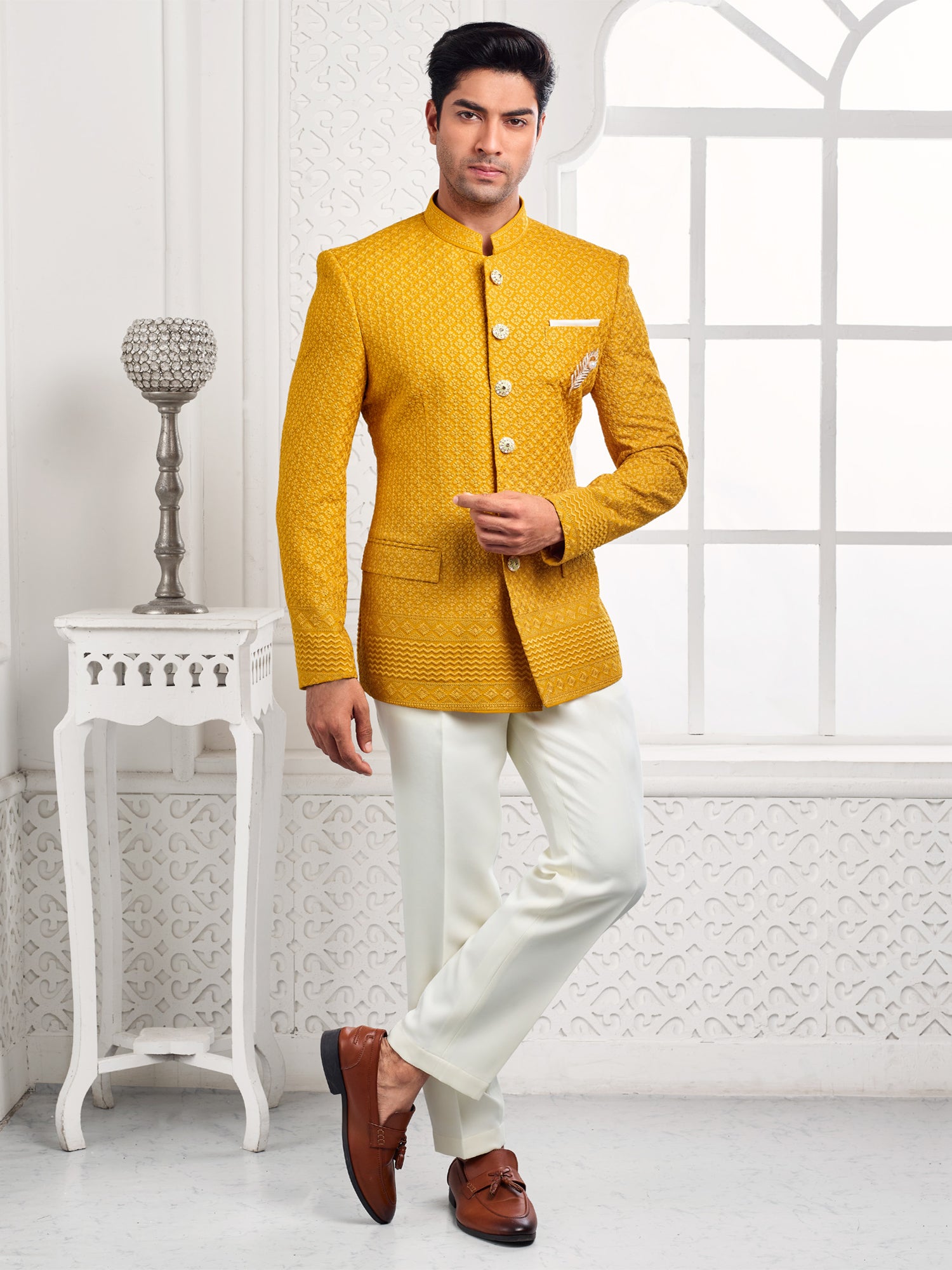 Yellow Heavy Embroidered Jodhpuri Suit For Men