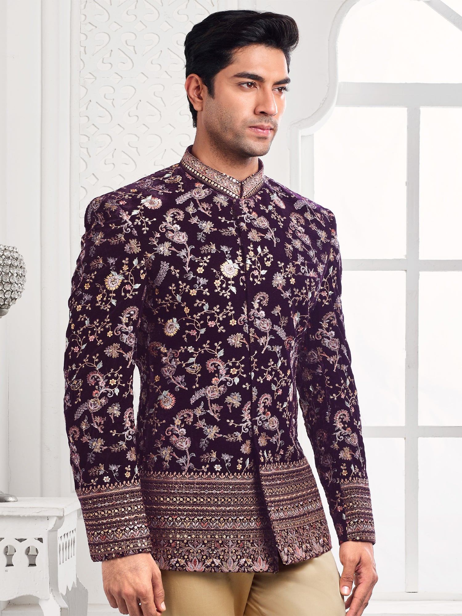 Wine Bandhgala Jodhpuri Suit In Floral Zari Work