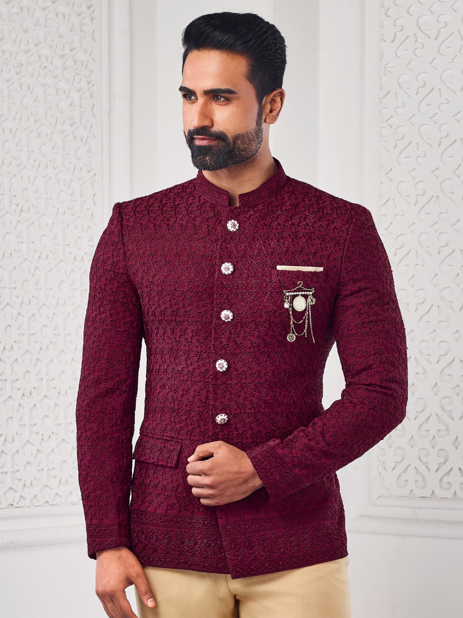 Red Self Embroidered Jodhpuri Suit For Wedding