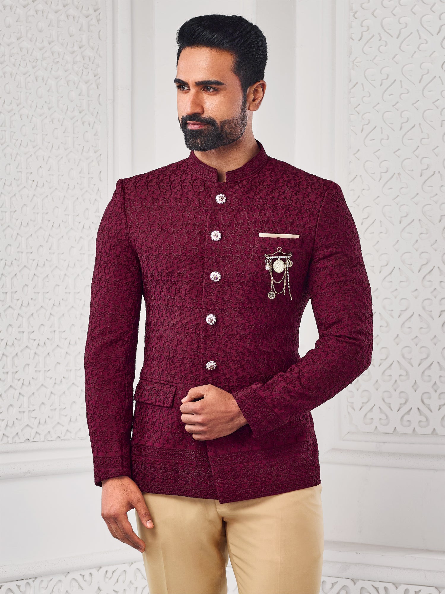 Red Self Embroidered Jodhpuri Suit For Wedding