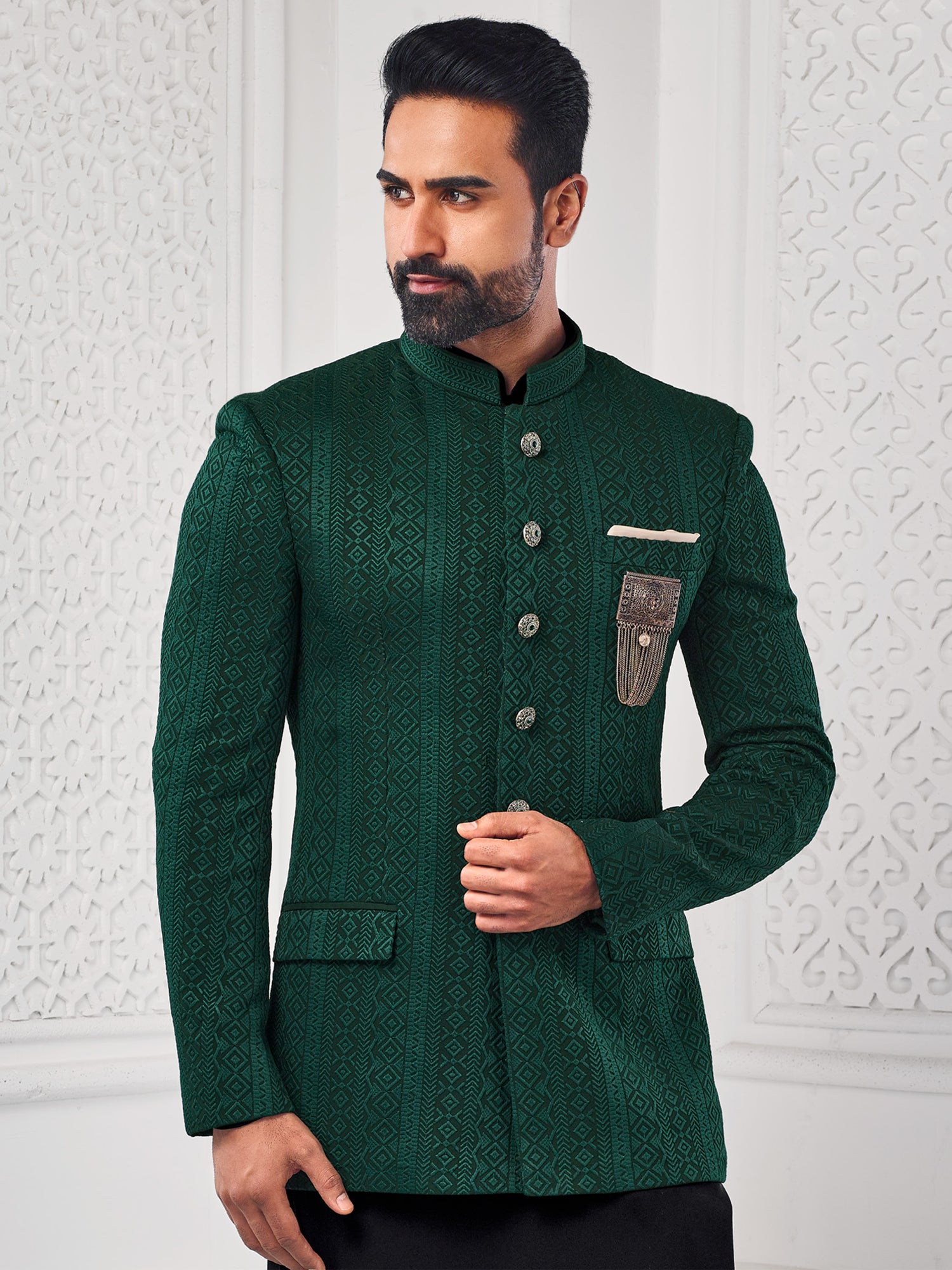 Dark Green Self Embroidered Mens Jodhpuri Dress