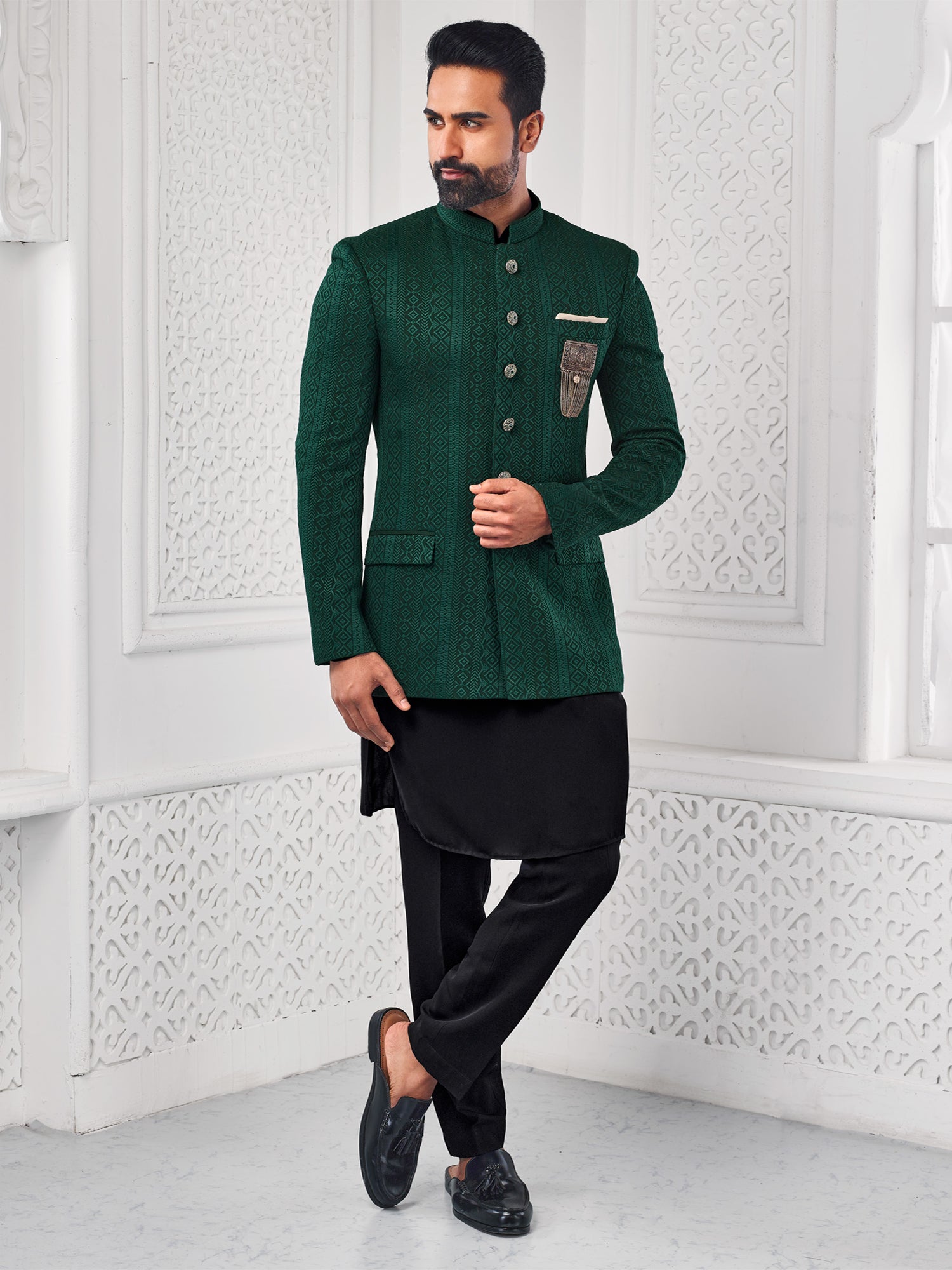 Dark Green Self Embroidered Mens Jodhpuri Dress