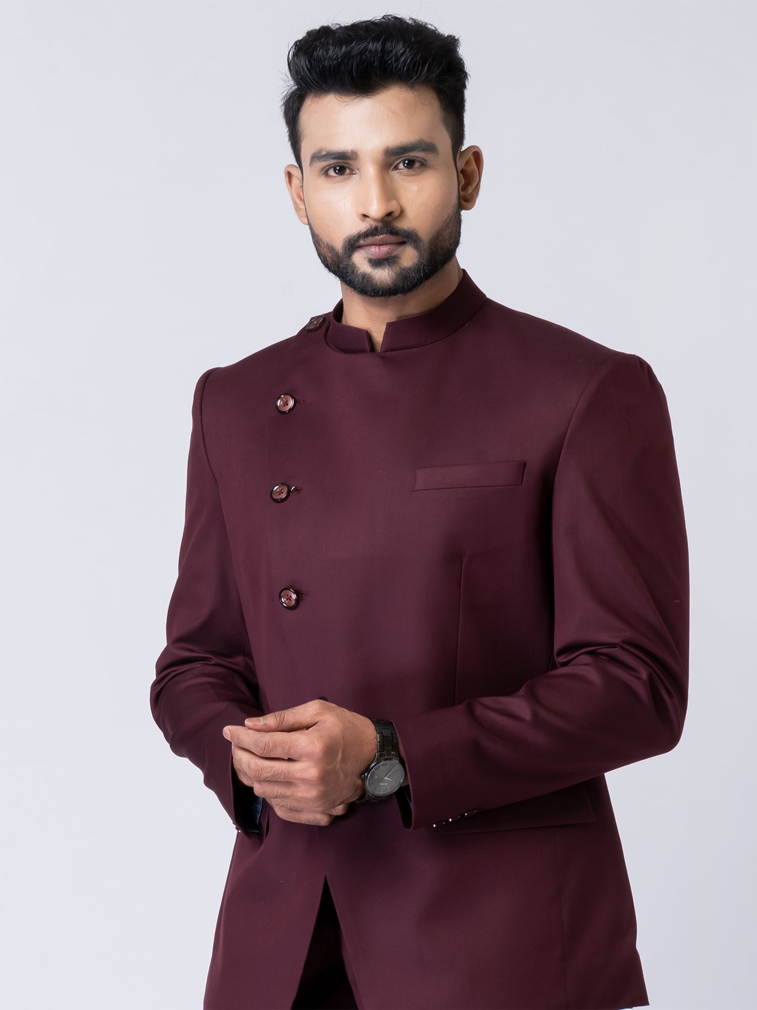 Maroon Asymmetric Pattern Jodhpuri Set
