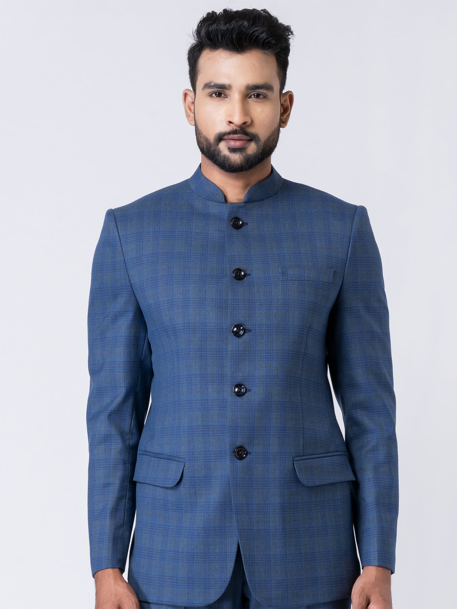Blue Checks Printed Mens Jodhpuri Set