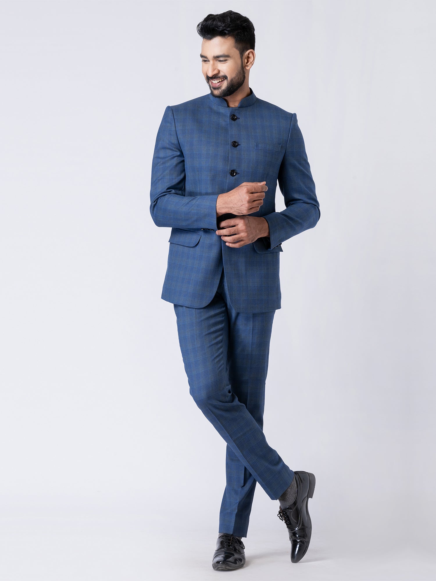 Blue Checks Printed Mens Jodhpuri Set