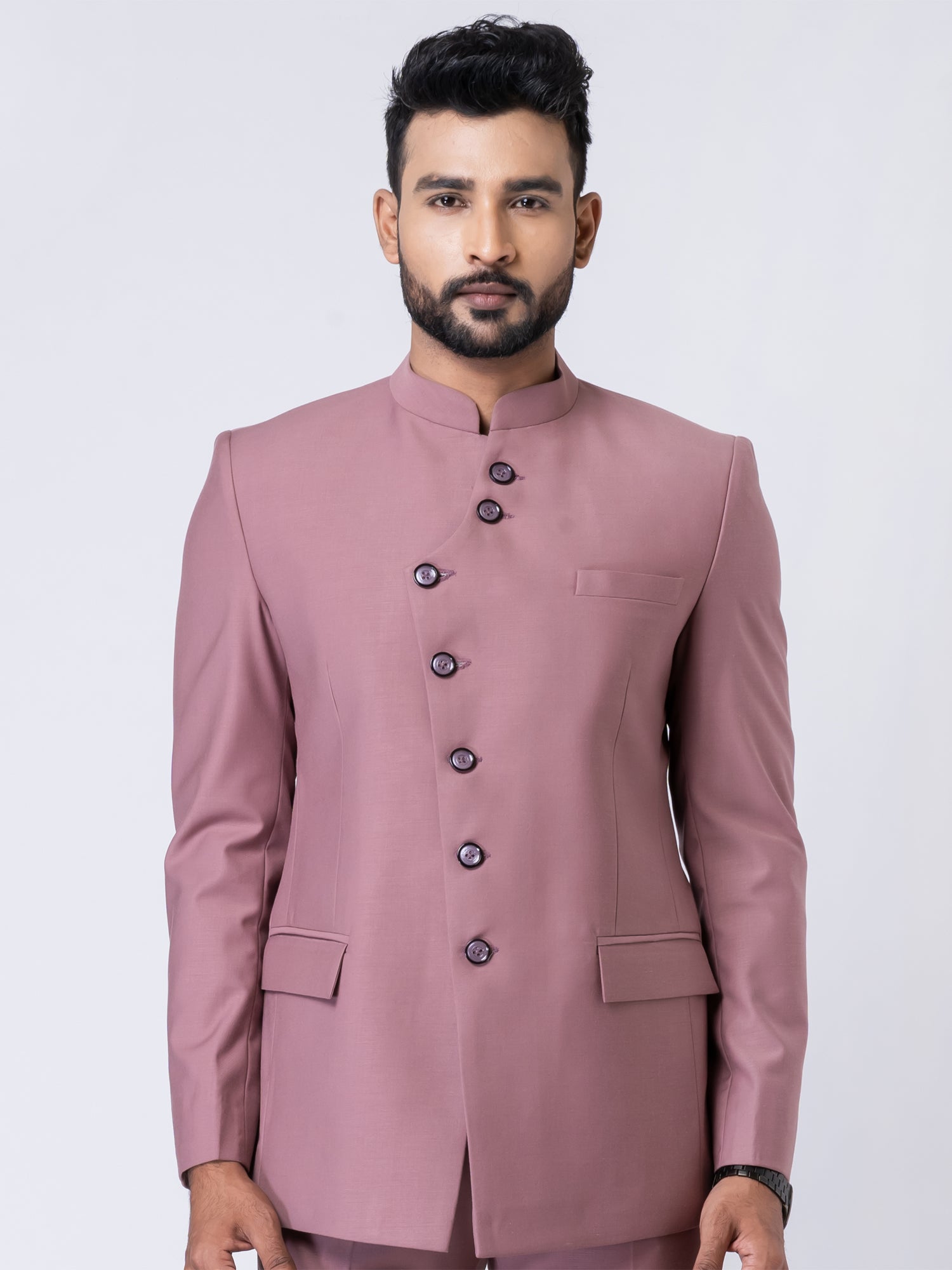 Mauve Pink Asymmetric Pattern Bandhgala Suit
