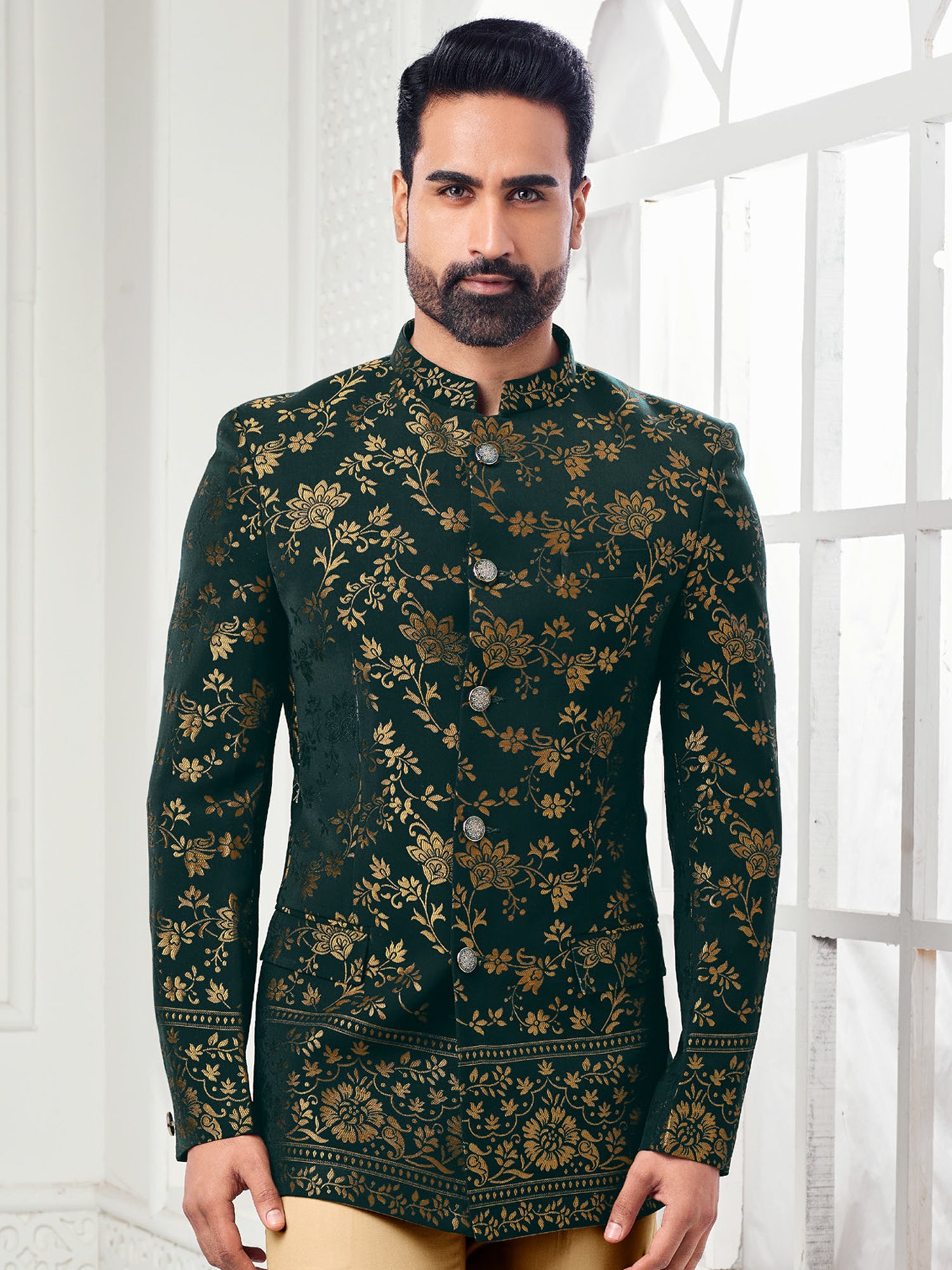 Green Floral Weaving Bandhgala Suit In Jacquard