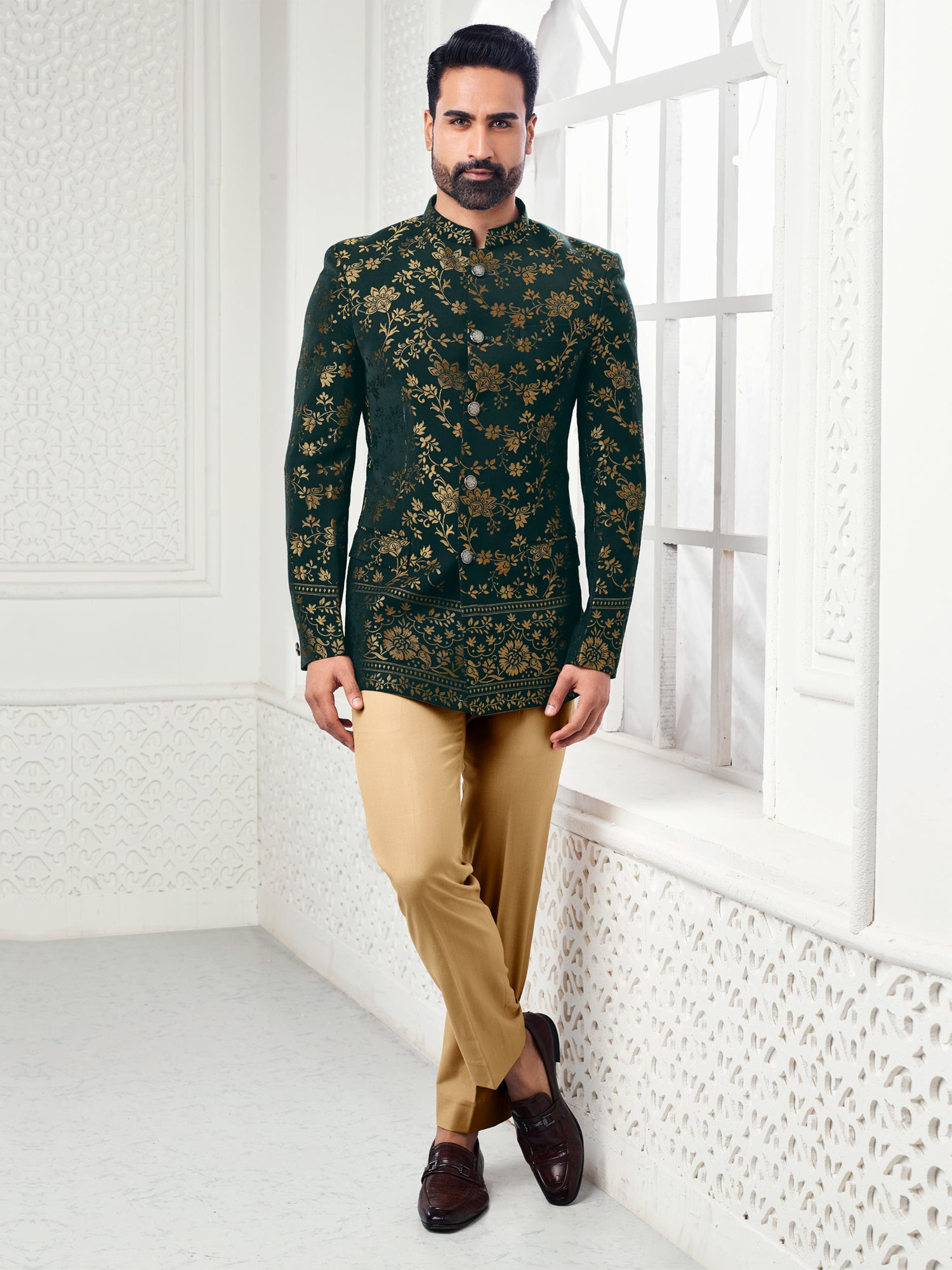 Green Floral Weaving Bandhgala Suit In Jacquard