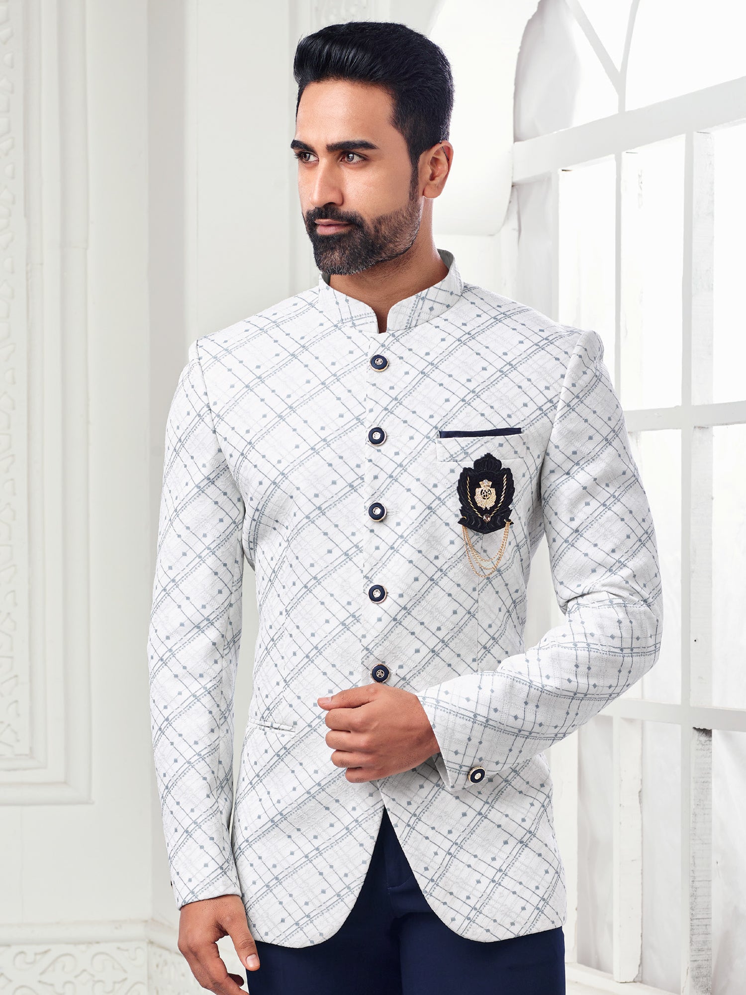 White Printed Jodhpuri Suit For Mens