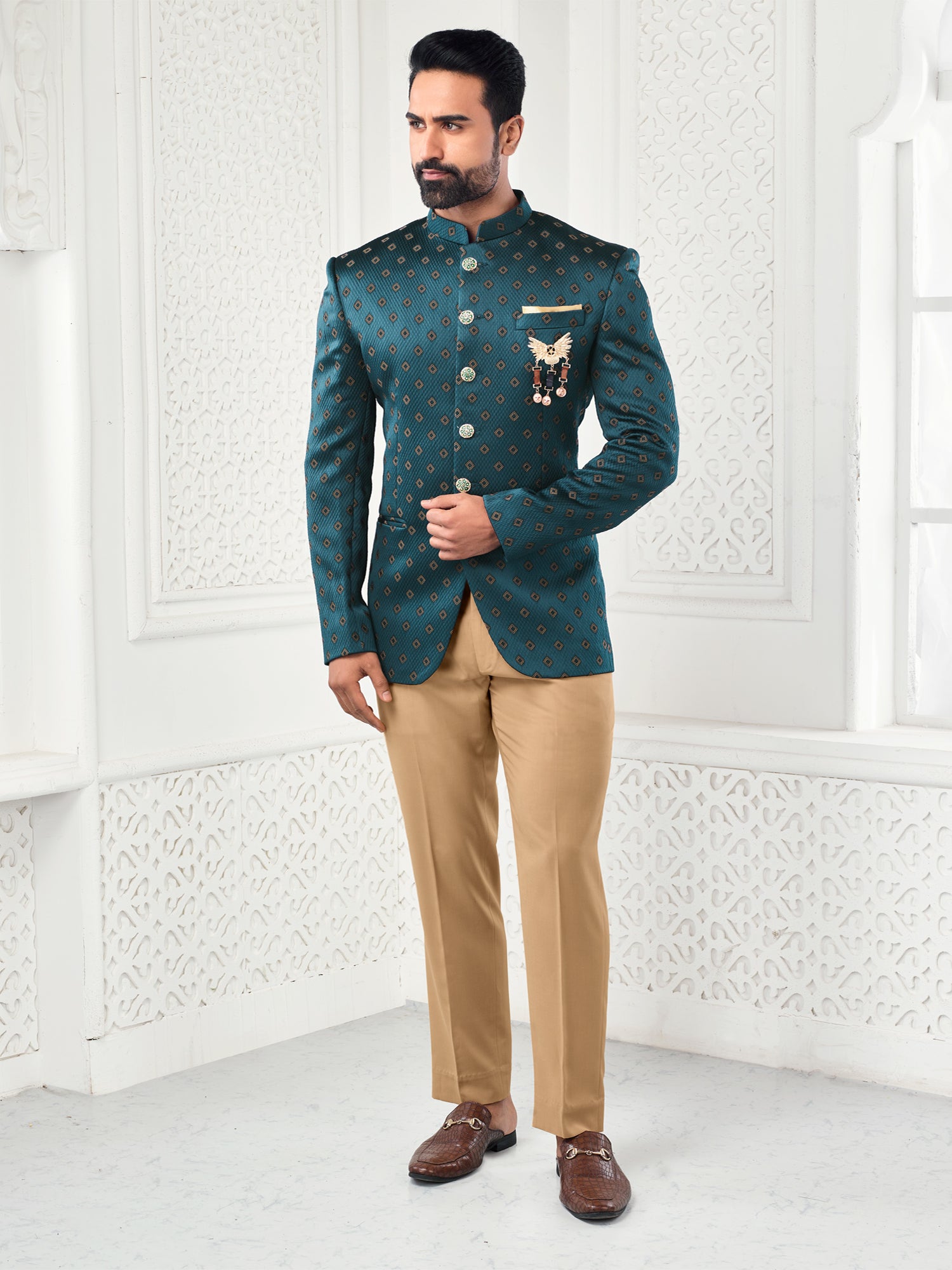 Teal Green Jacquard Silk Jodhpuri Dress For Men