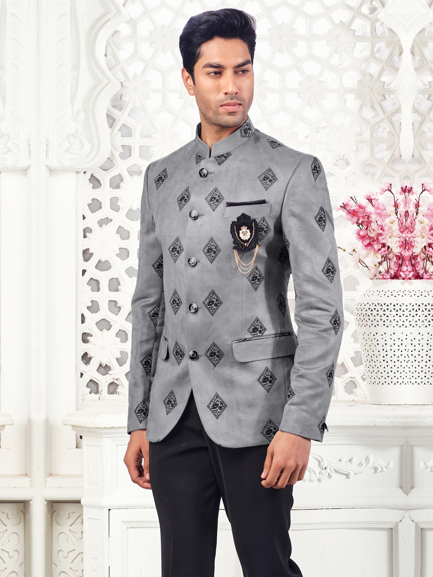 Silver Grey Velvet Bandhgala Suit