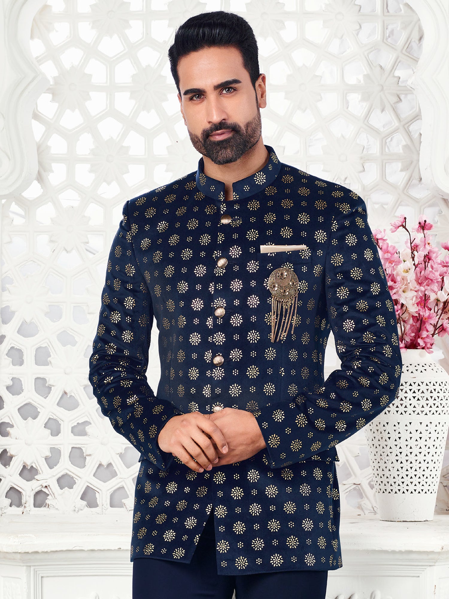 Navy Blue Velvet Mandarin Suit