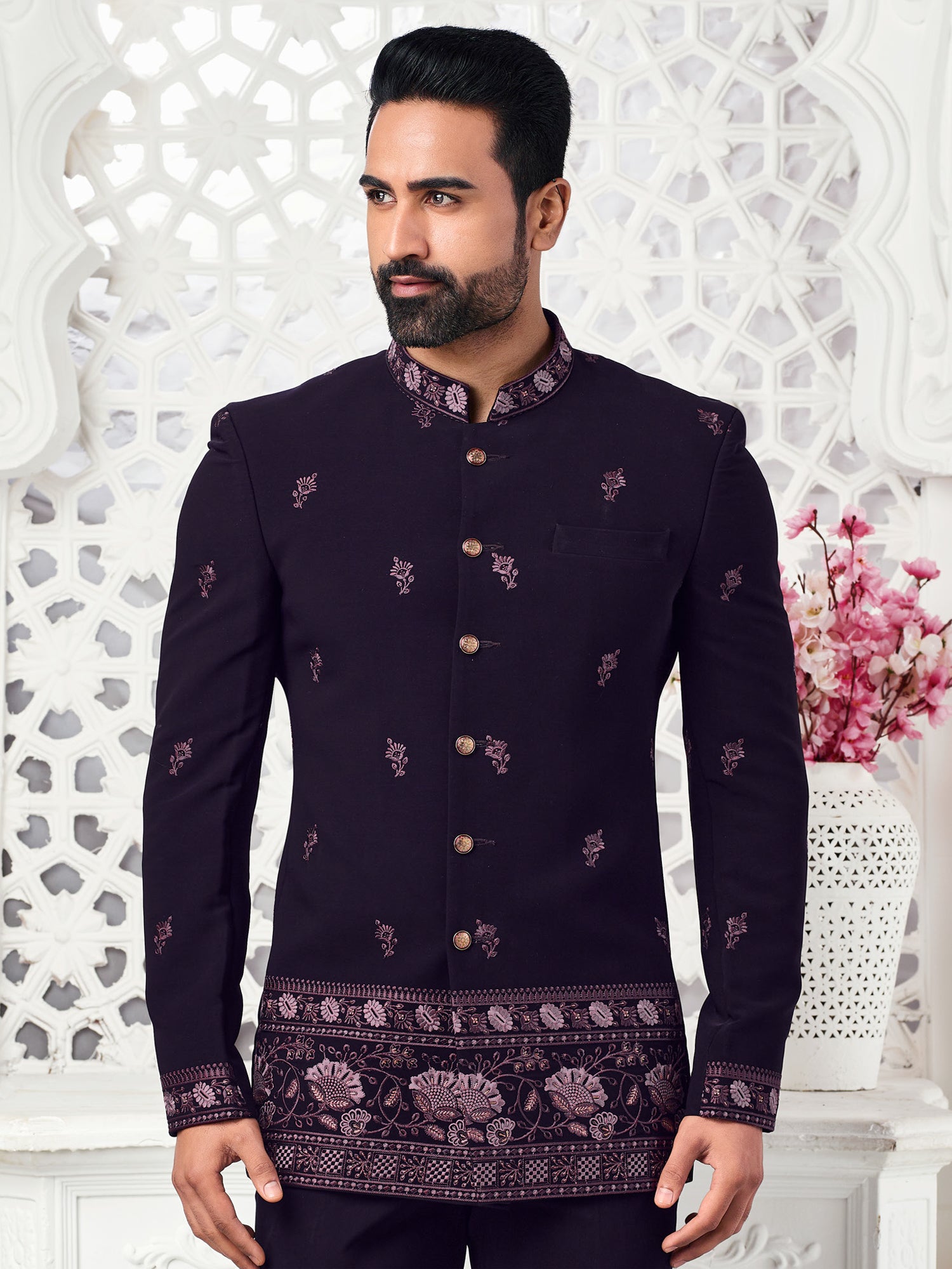 Deep Purple Thread Work Mens Jodhpuri Suit