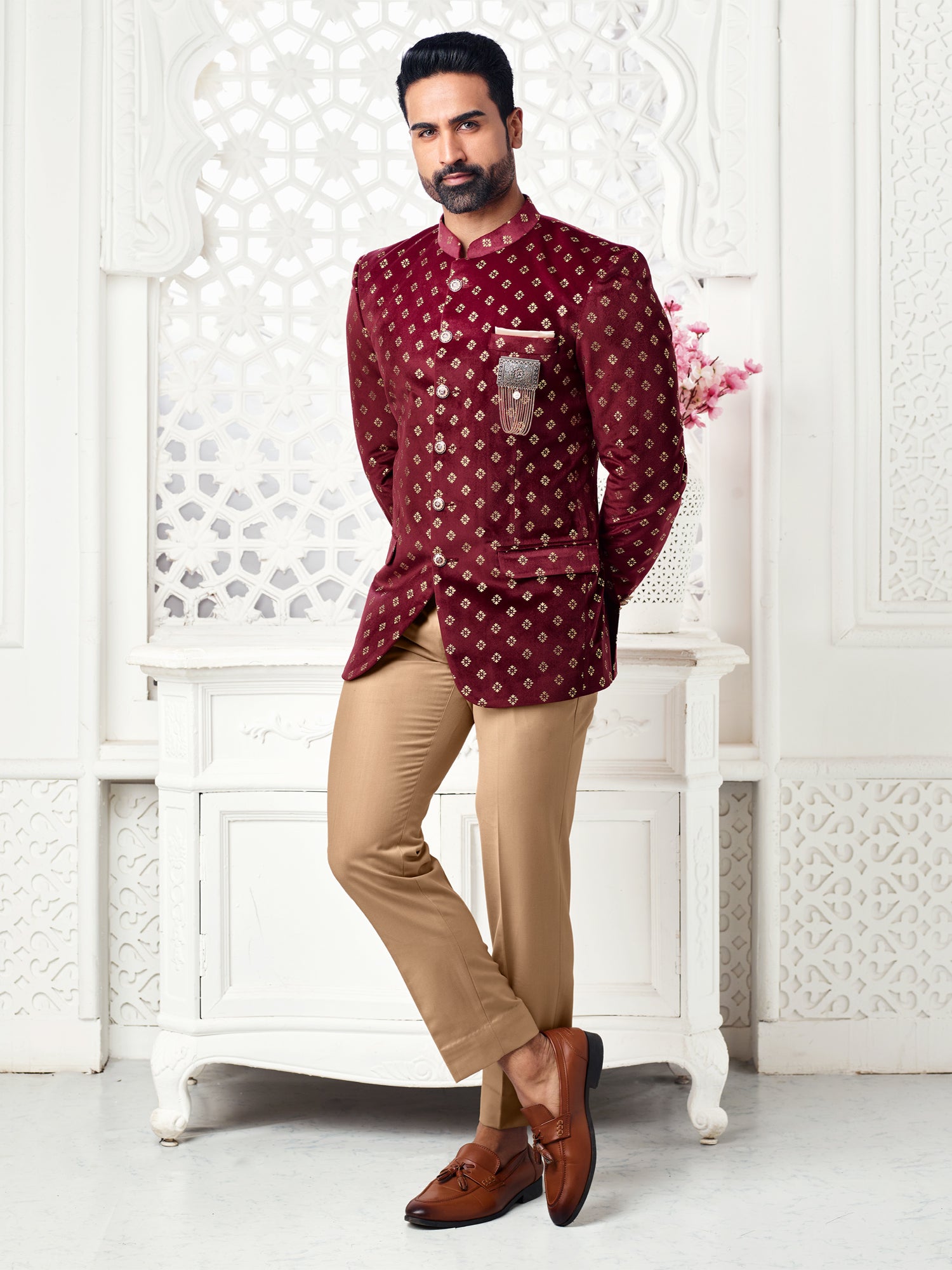 Deep Maroon Velvet Mens Bandhgala Suit