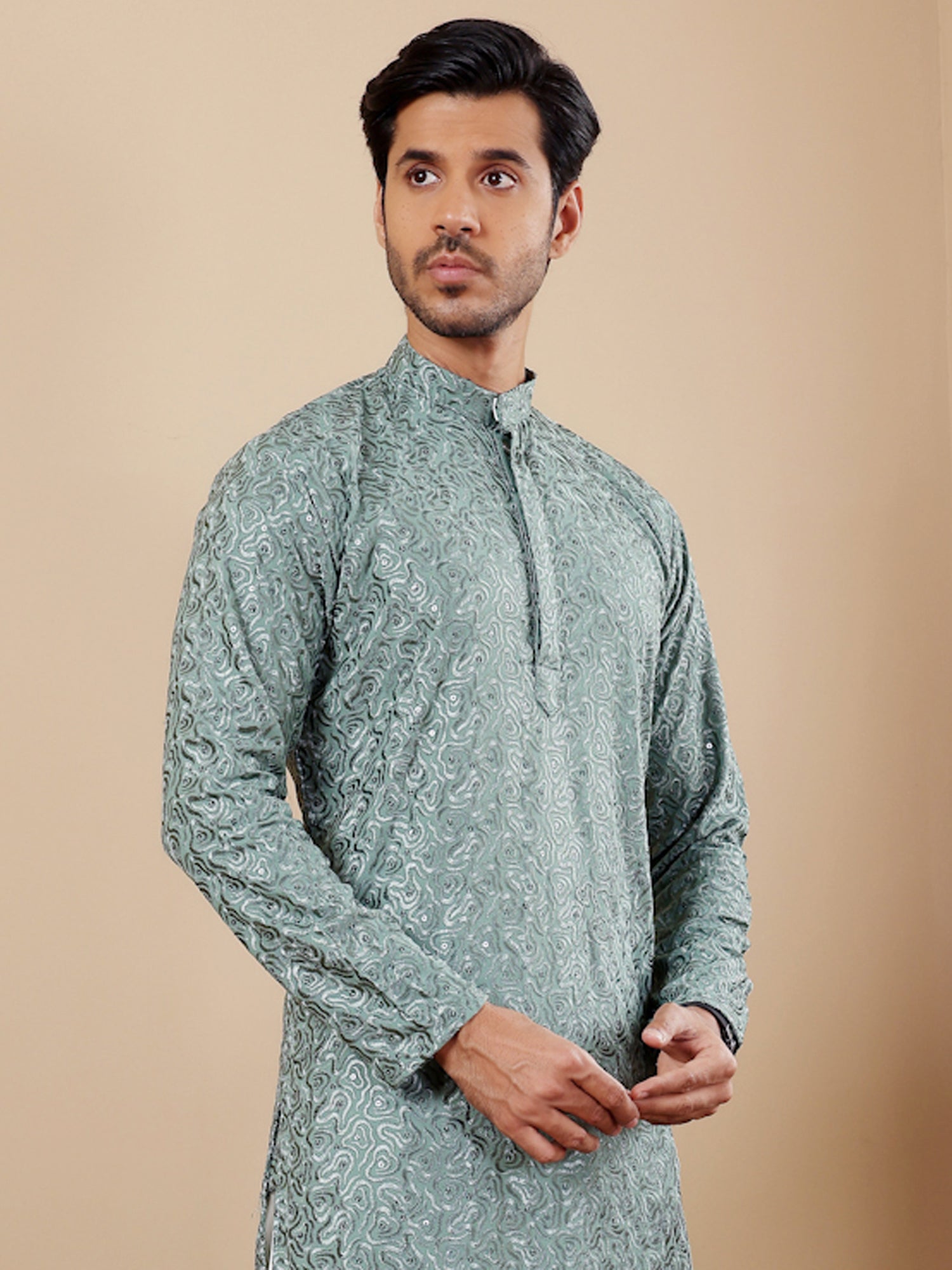 Green Readymade Festive Kurta Pyjama Set