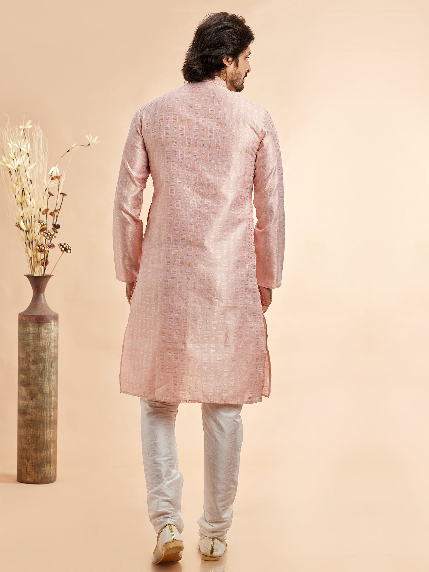 Light Pink Silk Kurta Pyjama For Mens