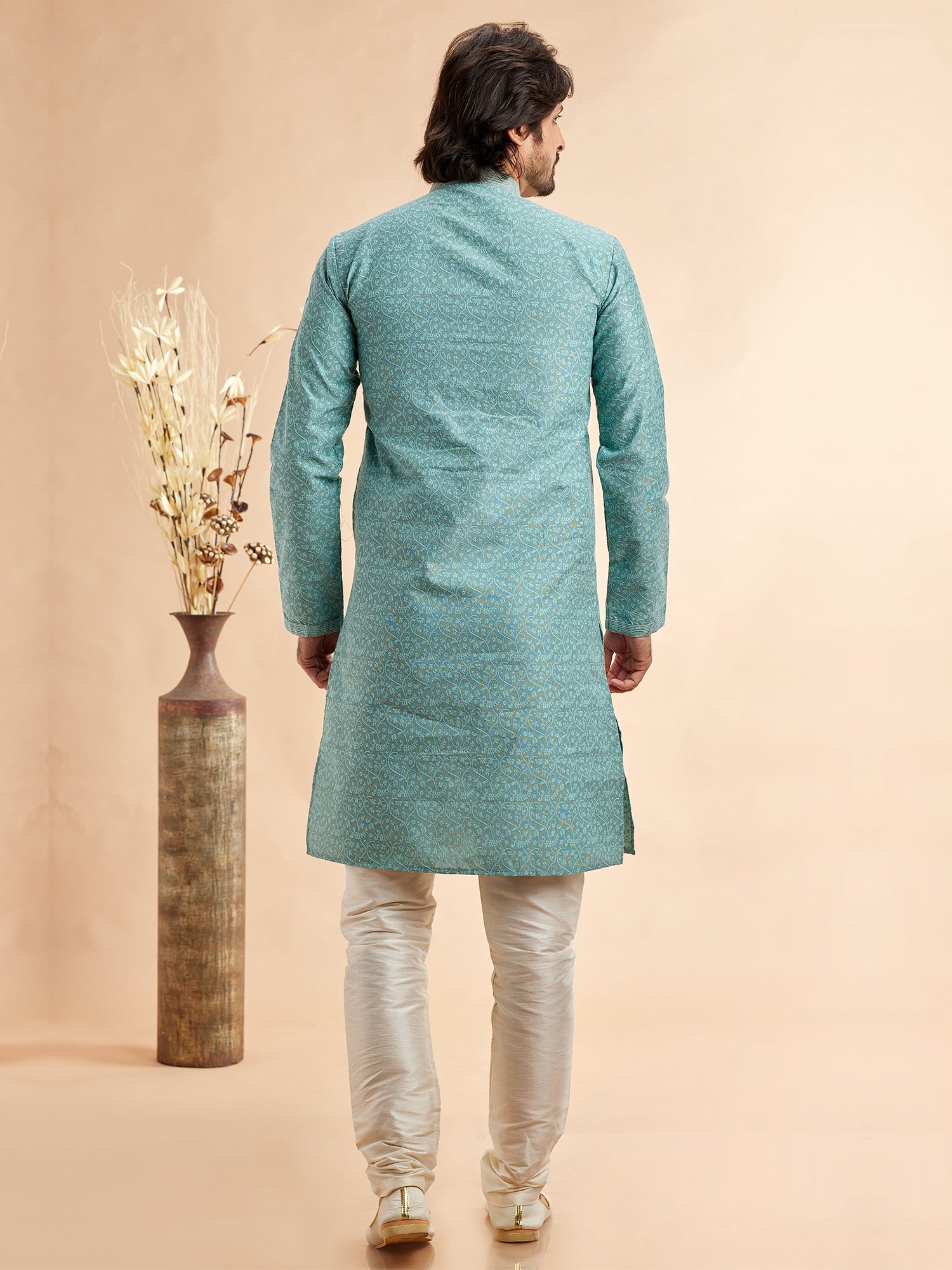 Turquoise Floral Work Men's Kurta Pyjama