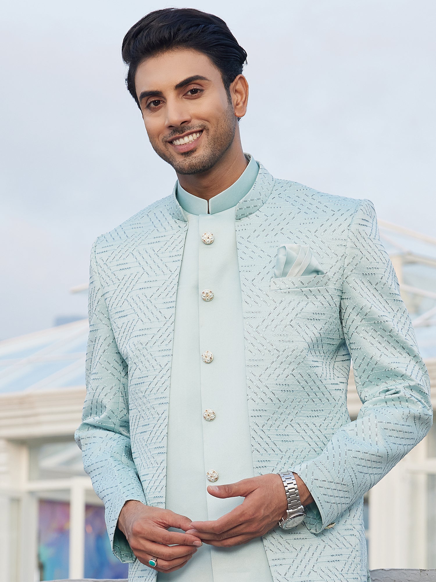 Light Blue Sequins Enhanced Mens Jodhpuri Set
