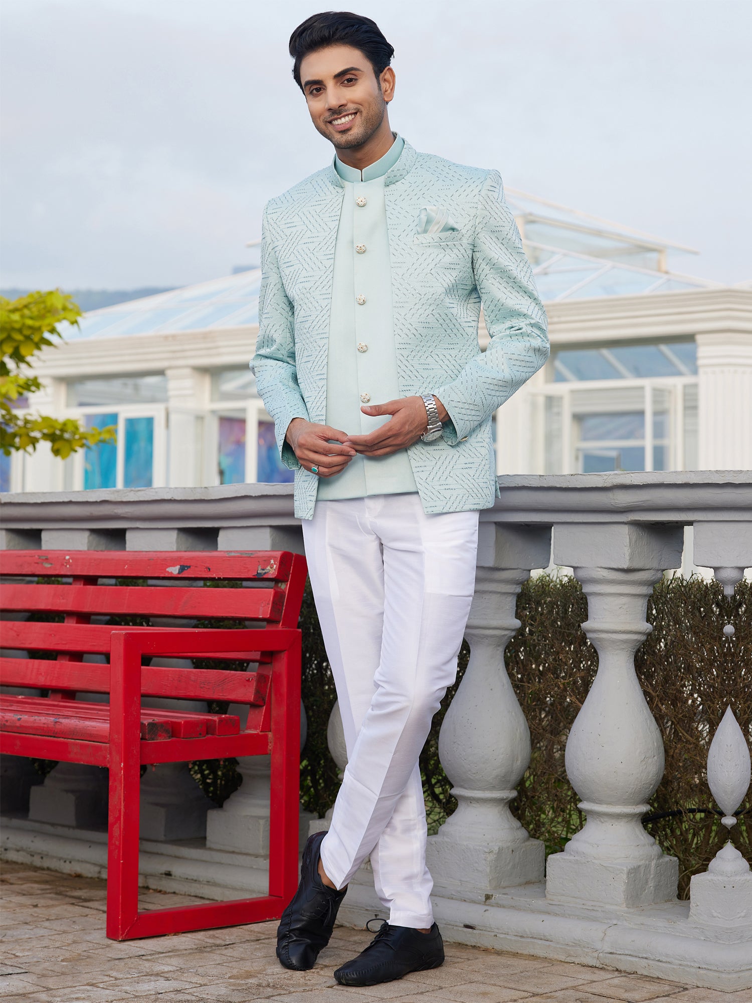 Light Blue Sequins Enhanced Mens Jodhpuri Set