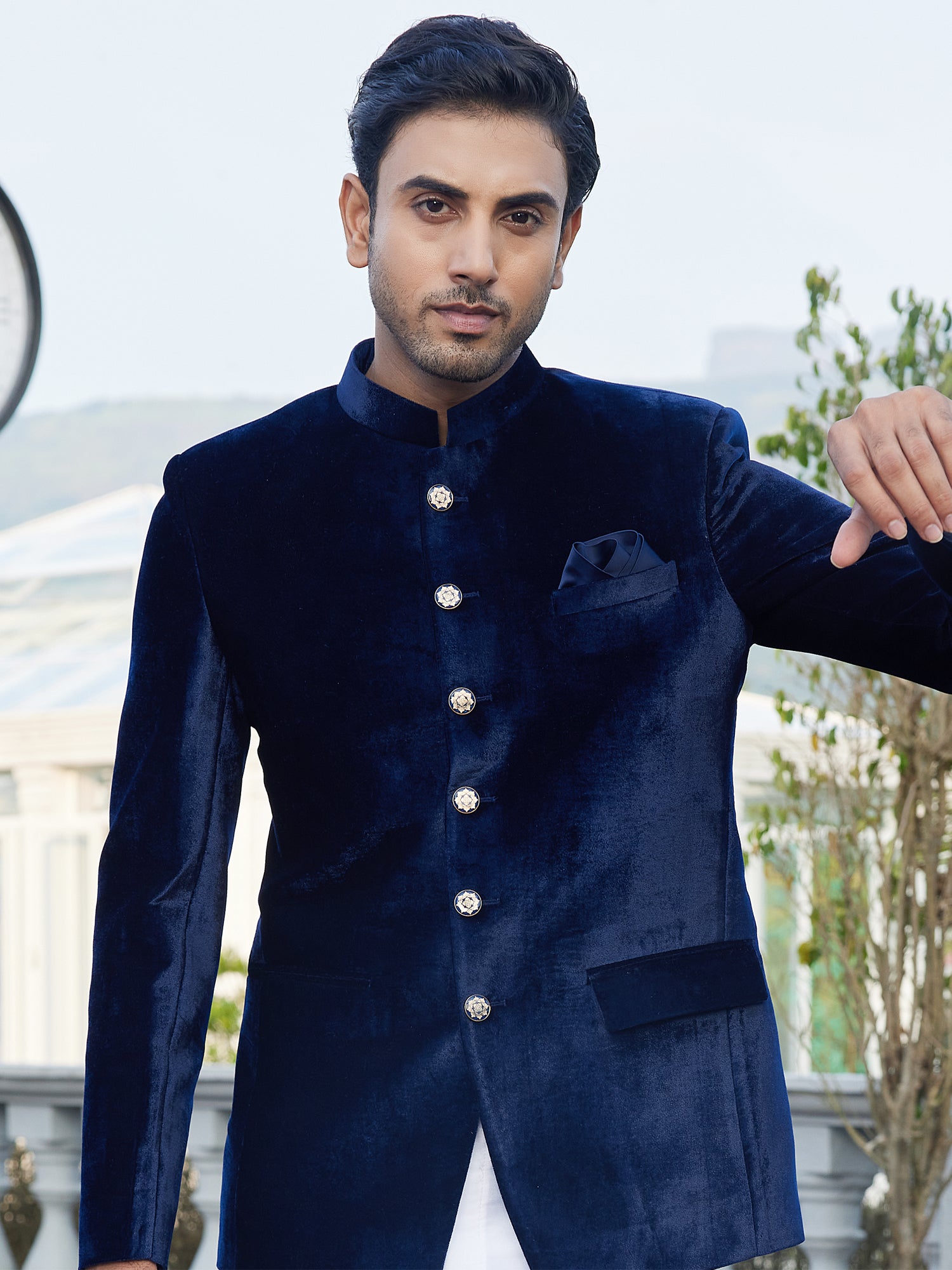 Navy Blue Jodhpuri Dress Set In Velvet