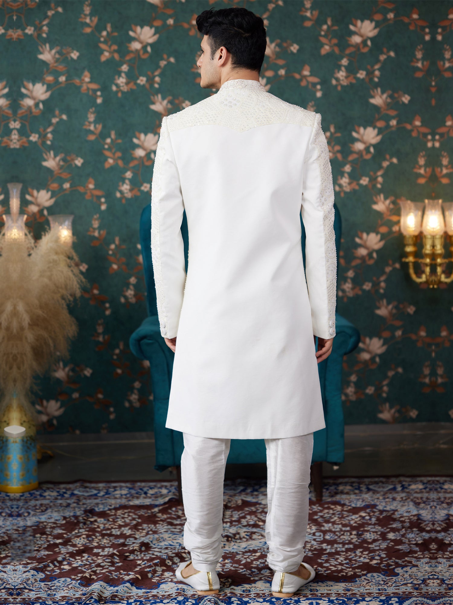 Off White Sequins Enhanced Groom's Sherwani In Art Silk