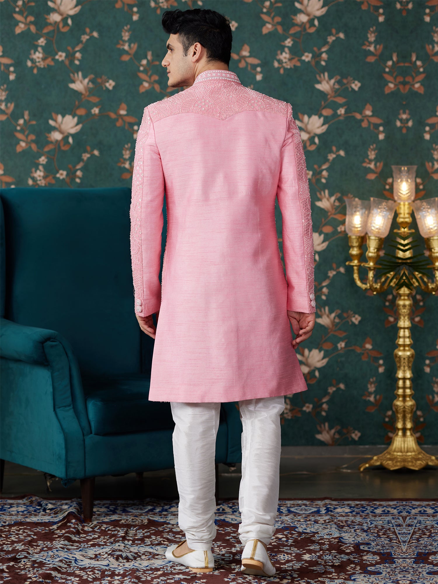 Baby Pink Heavy Embroidered Sherwani For Mens In Silk