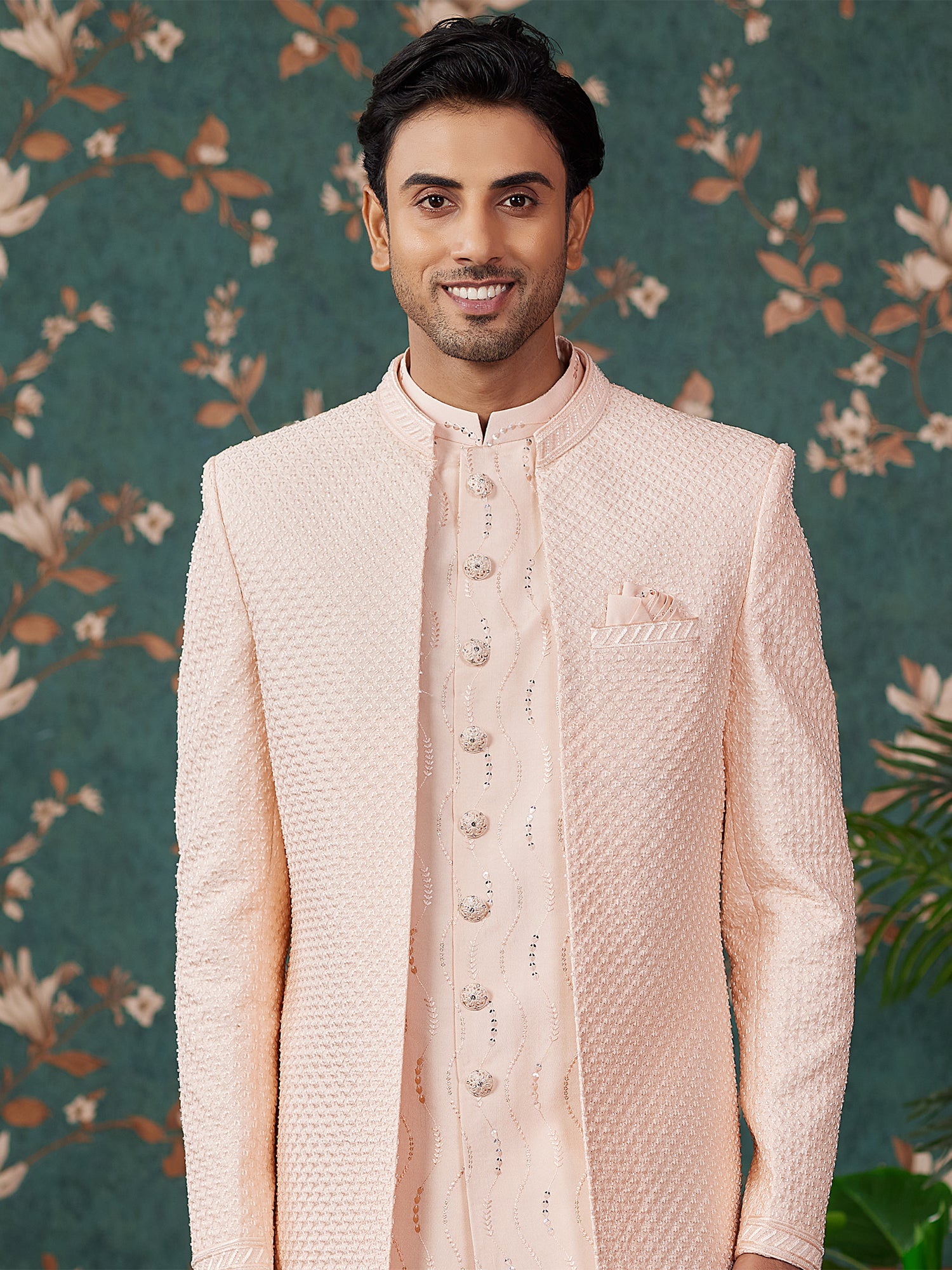 Peach Jacketed Style Indowestern Set For Mens In Silk