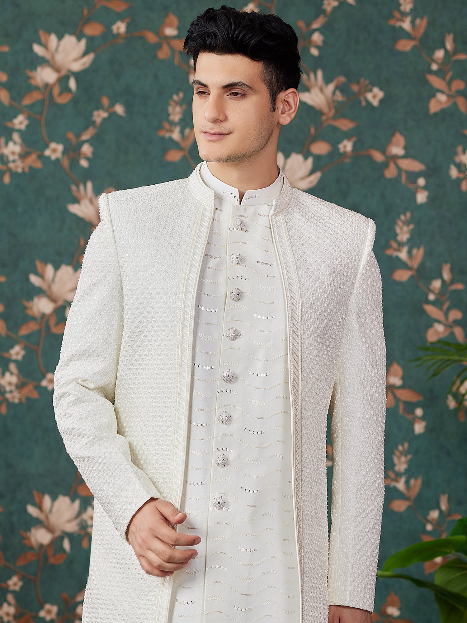 Off White Embroidered Indowestern With Long Jacket